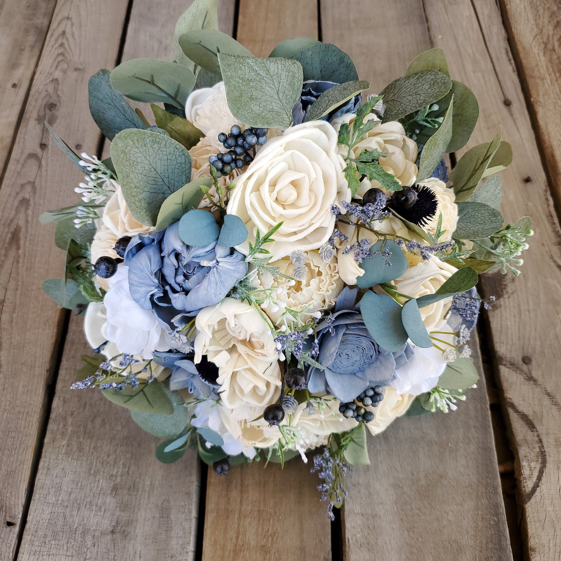 Dusty Blue Sola Wood Flower Bridal Bouquet, Slate Blue Wedding Flowers, Bridesmaid Bouquet