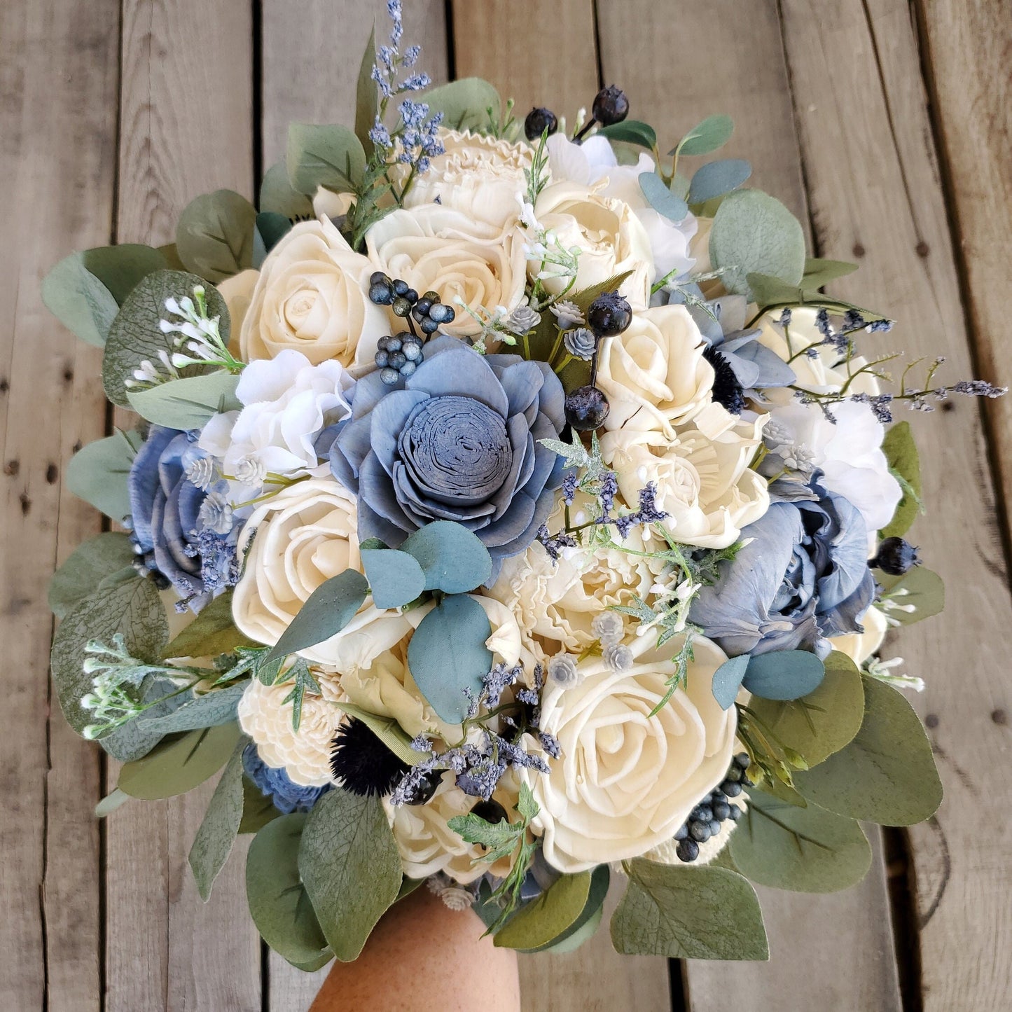 Dusty Blue Sola Wood Flower Bridal Bouquet, Slate Blue Wedding Flowers, Bridesmaid Bouquet