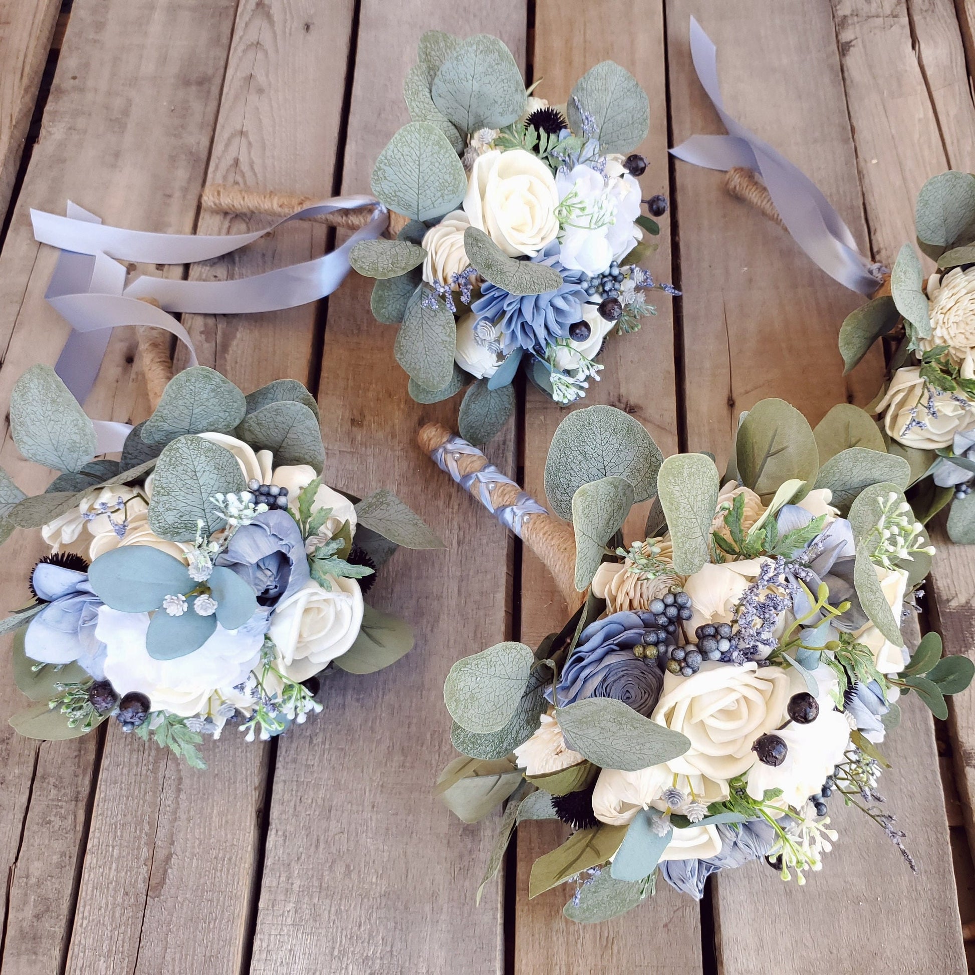 Dusty Blue Sola Wood Flower Bridal Bouquet, Slate Blue Wedding Flowers, Bridesmaid Bouquet