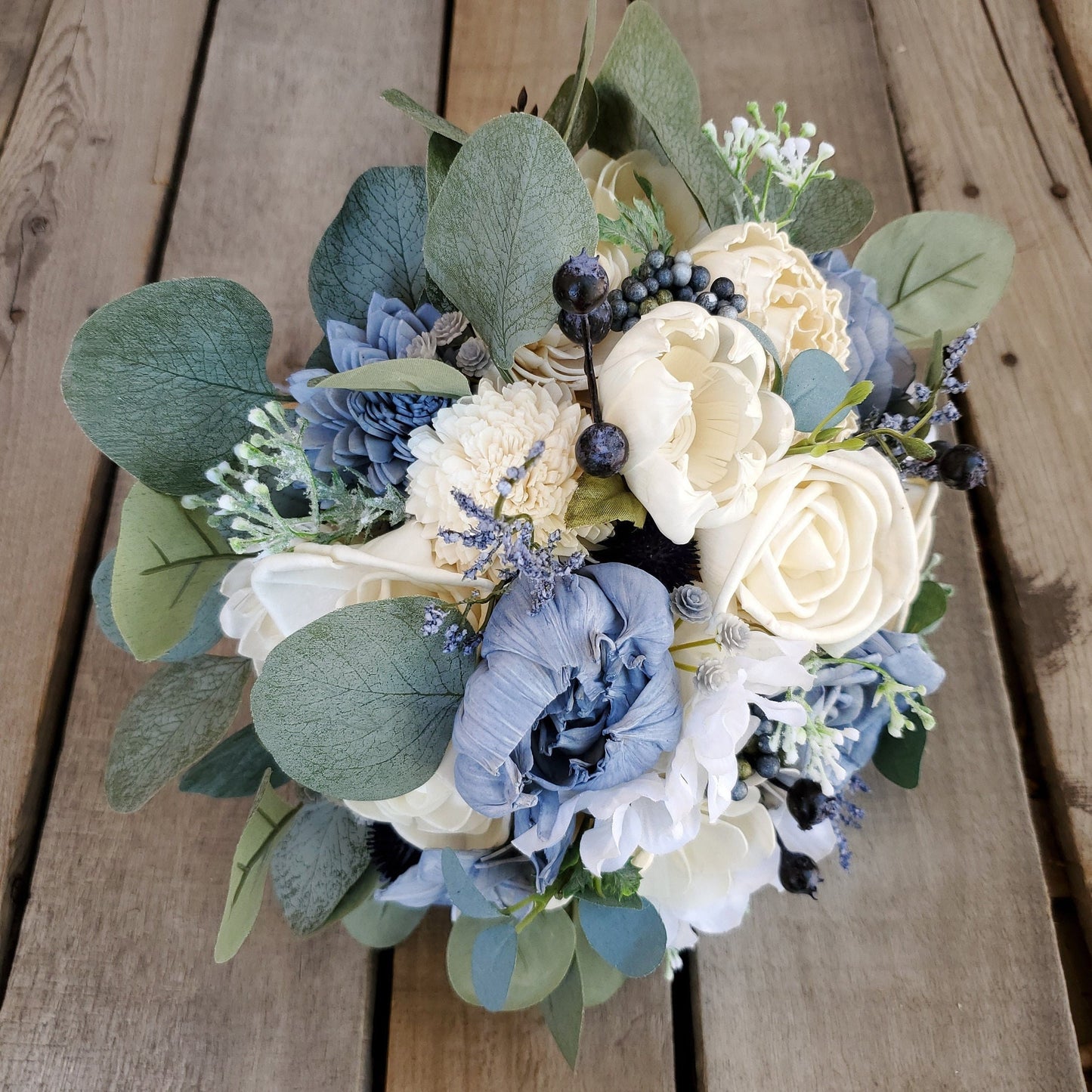 Dusty Blue Sola Wood Flower Bridal Bouquet, Slate Blue Wedding Flowers, Bridesmaid Bouquet