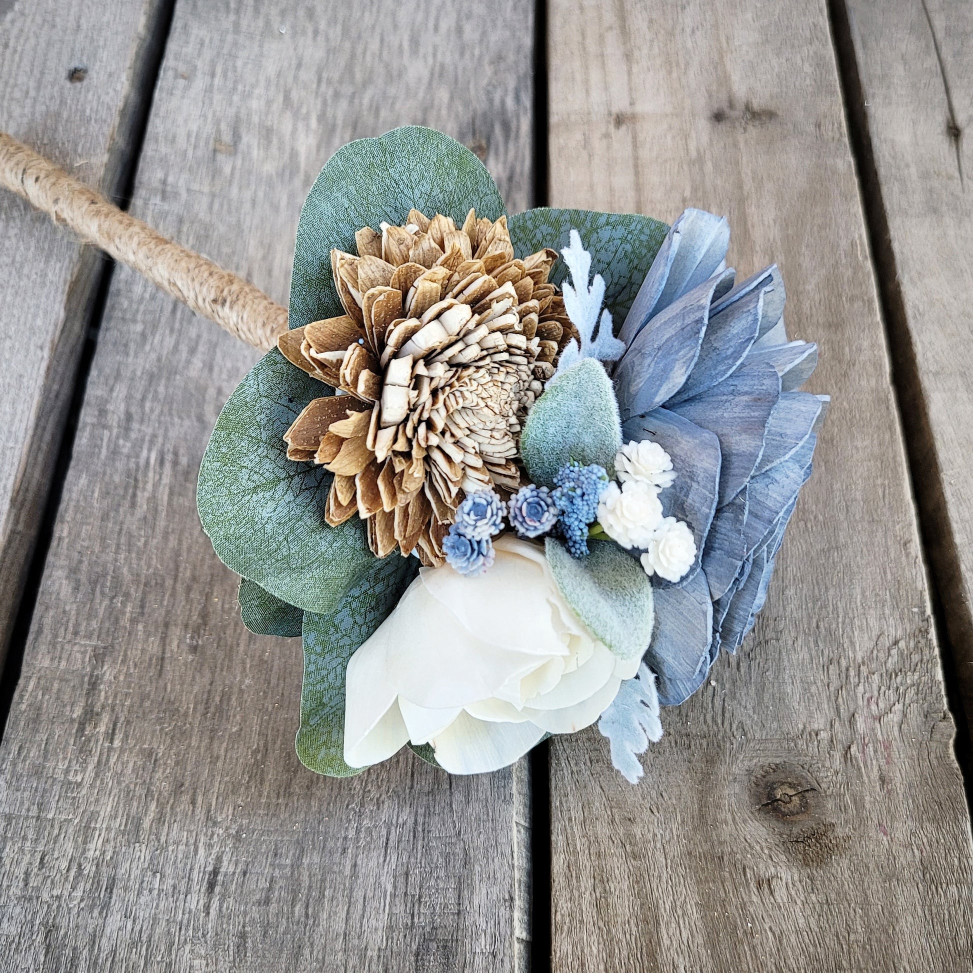 Dusty Blue Sola Wood Flower Wedding Bouquet: Dusty Blue, Bark, and Cream Wood Flowers for Bride
