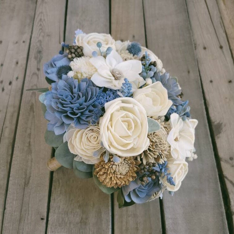 Dusty Blue Sola Wood Flower Wedding Bouquet: Dusty Blue, Bark, and Cream Wood Flowers for Bride