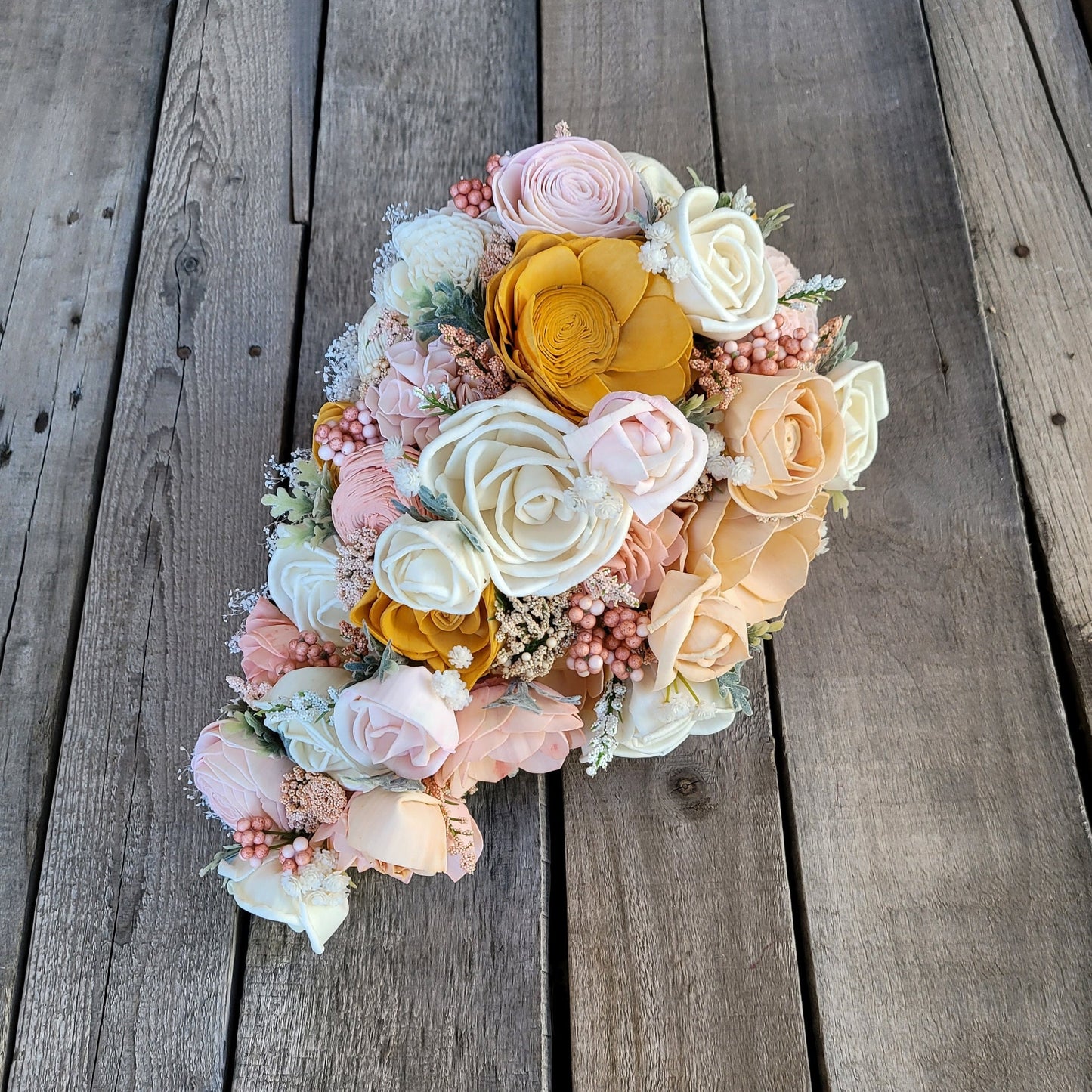 Peach and Light Pink Wood Flower Bouquet, bridal bouquet, bridesmaid bouquet, flower girl bouquet