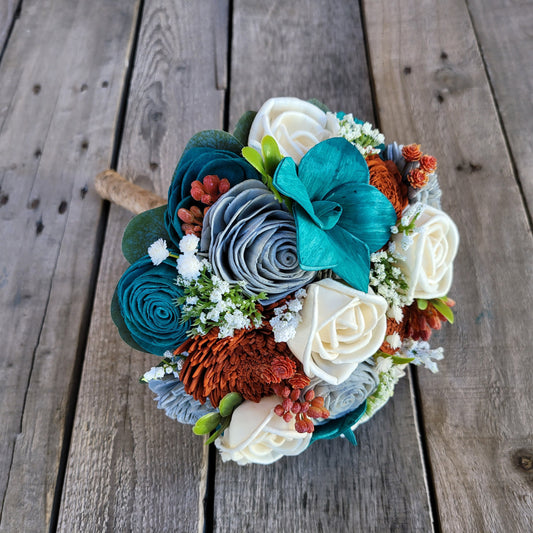 Fall Wedding Sola Wood Flower Bouquet, Wooden Bouquet, Burnt Orange Bridal Flowers