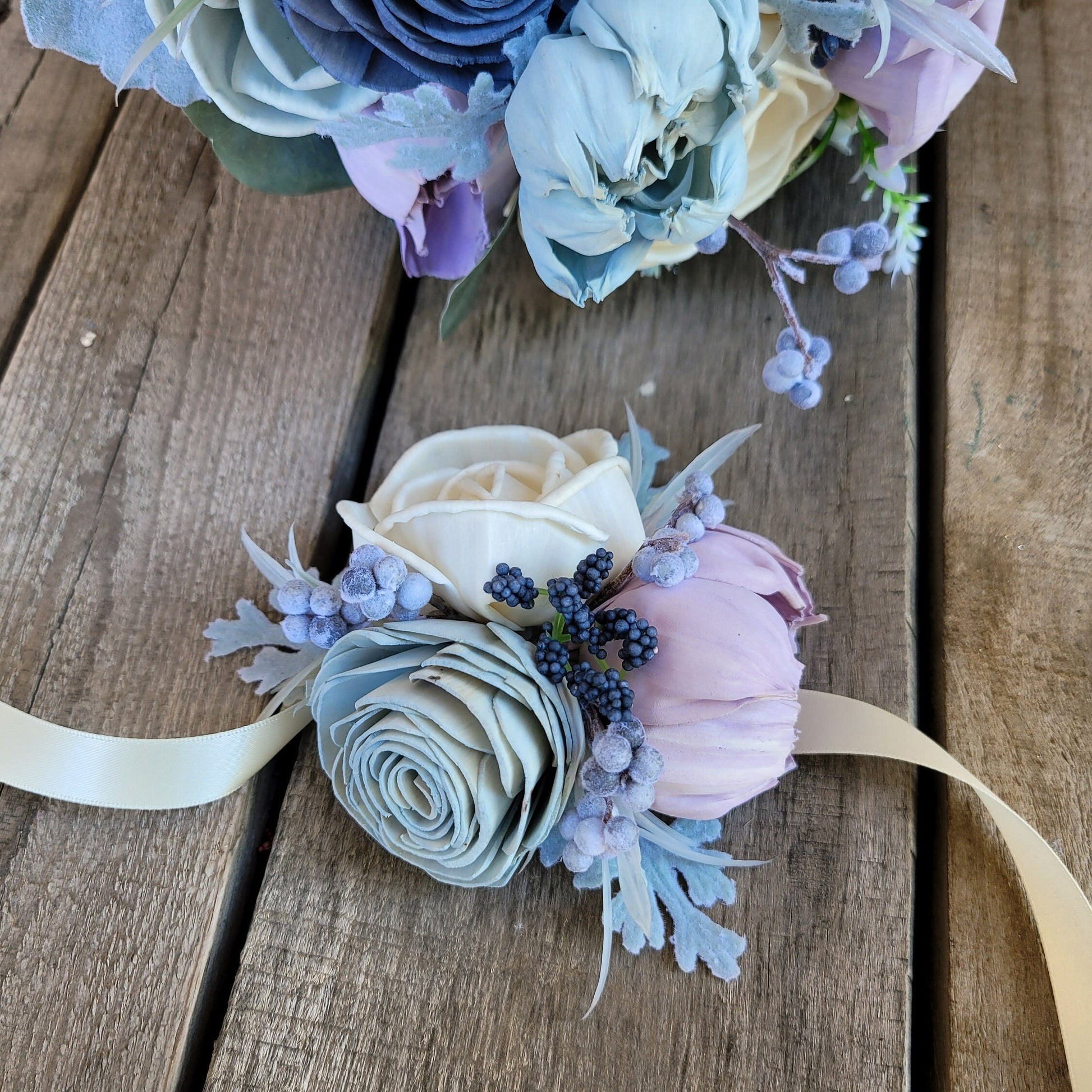 Dusty Blue and Lavender Wood Flower Bouquet, Beach Wedding Bouquet, Wooden Bridal Bouquet, Wedding Flowers