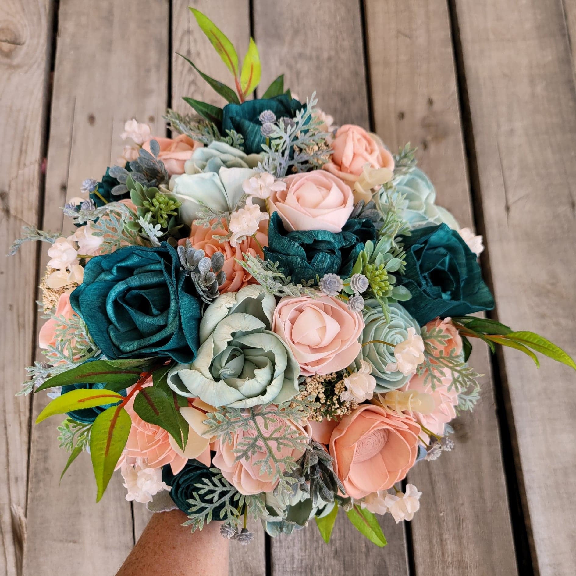 Wood Flower Bouquet, Dark Teal Bridal Bouquet, Wooden Flower Bouquet, Peach & Teal Wedding Bouquets, Wood Wedding Flowers