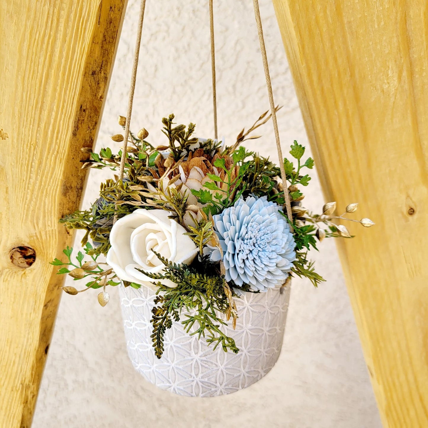 Wood Flower Hanging Planter, Wooden Flowers Housewarming Gift, Cement Planter with Fake Flowers, Wood Flowers Succulent planter