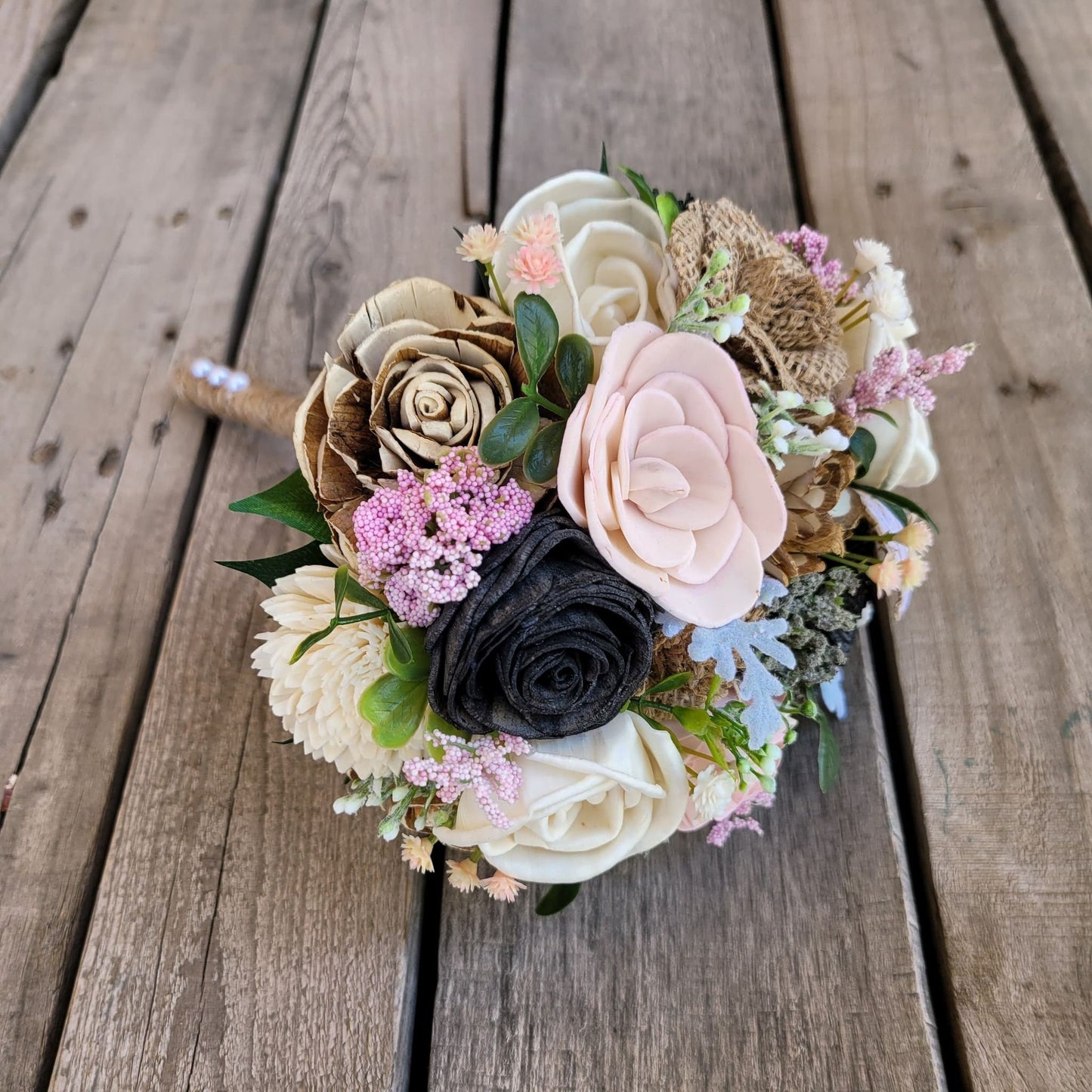 Rustic Black and Light Pink Wood Flower Bouquet, Sola Wood Flowers with Burlap Flowers, Bride or Bridesmaid Wedding Florals