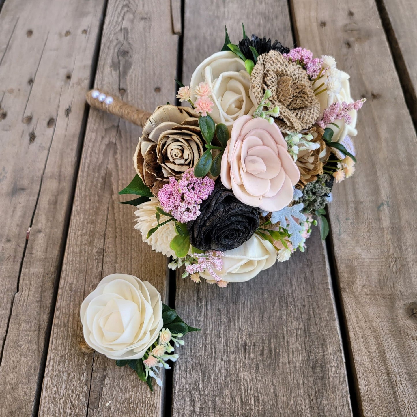 Rustic Black and Light Pink Wood Flower Bouquet, Sola Wood Flowers with Burlap Flowers, Bride or Bridesmaid Wedding Florals