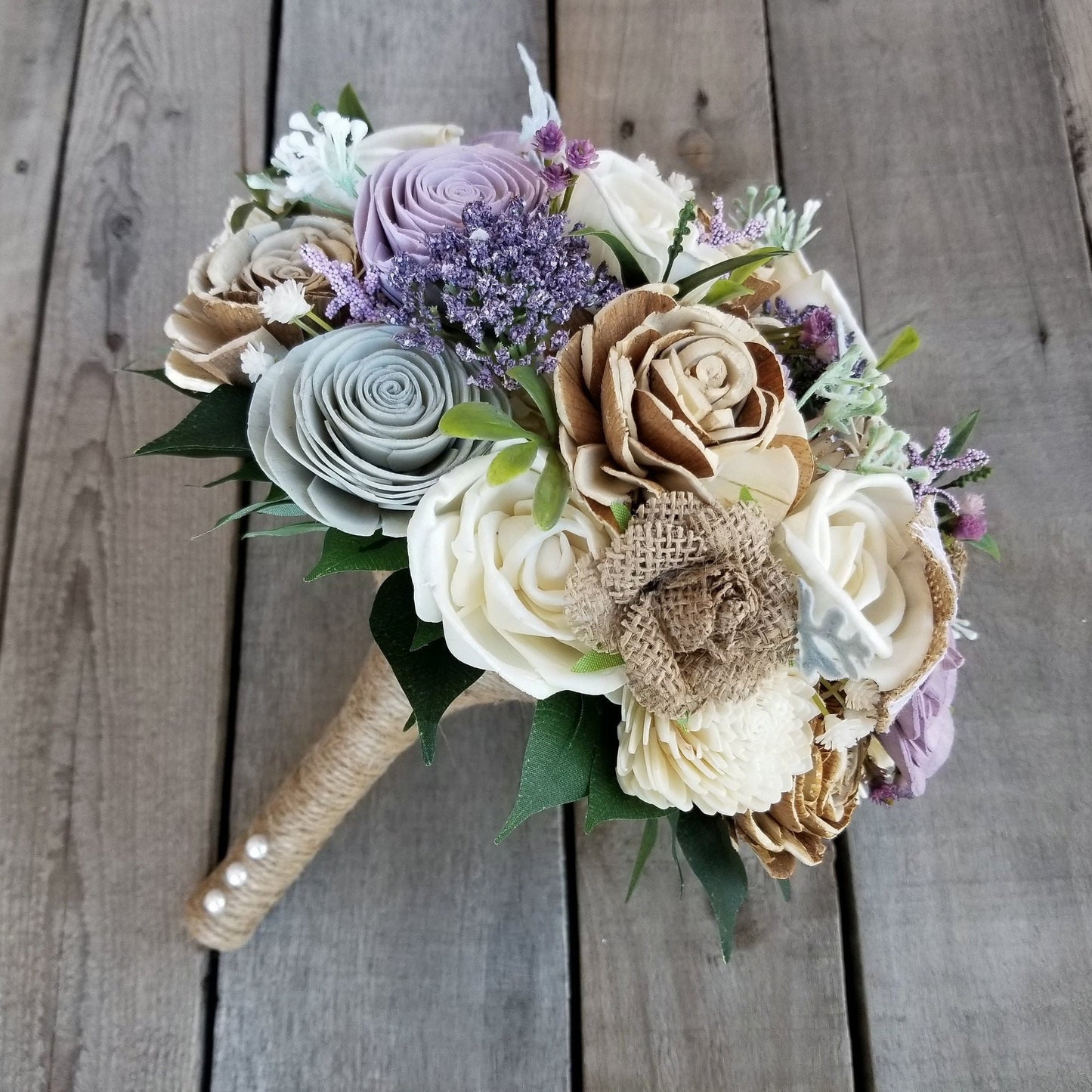 Lavender and Burlap Bridal Bouquet, Rustic Wood Flower Bouquet, Artificial Bridal Bouquet, Wooden Wedding Flowers