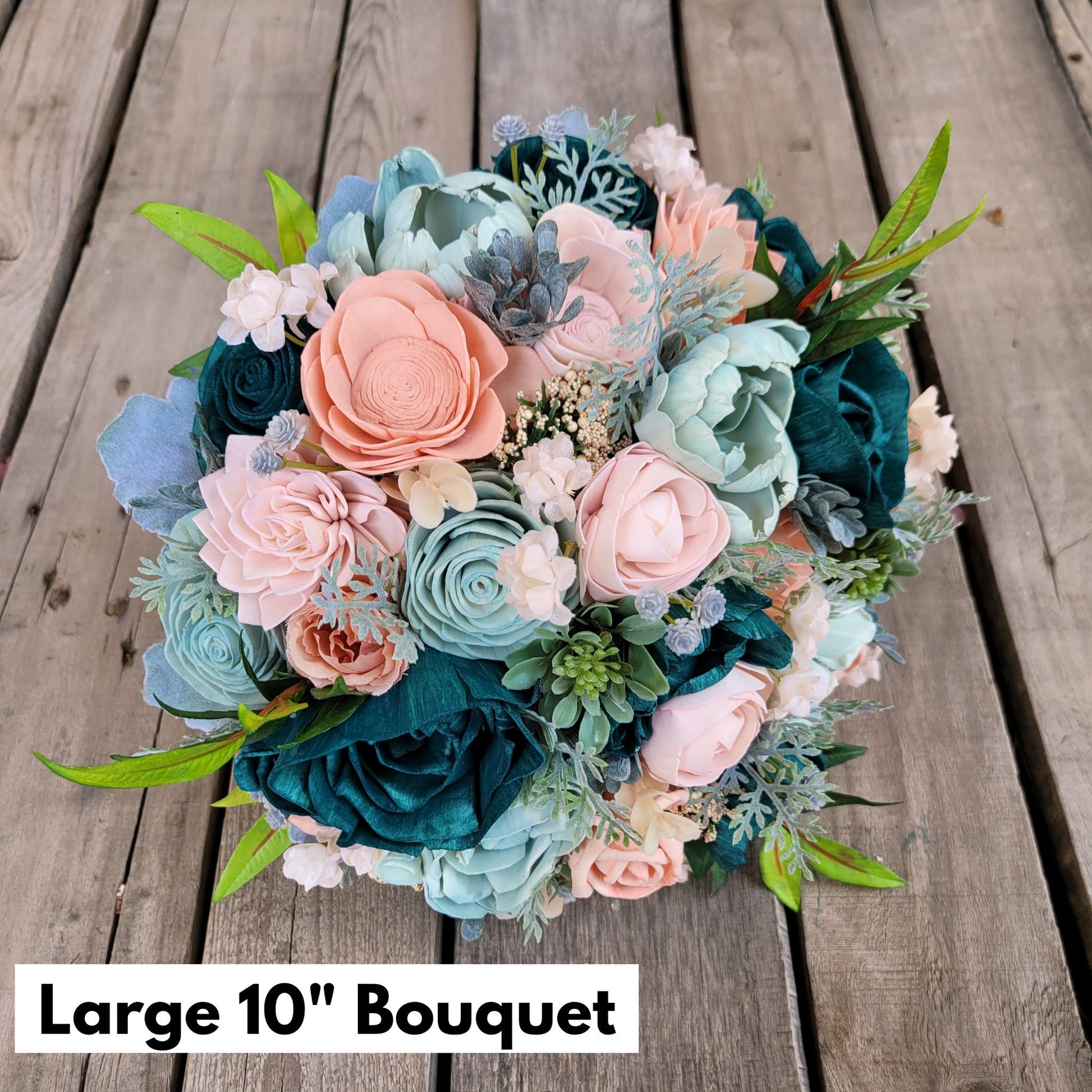 Wood Flower Bouquet, Dark Teal Bridal Bouquet, Wooden Flower Bouquet, Peach & Teal Wedding Bouquets, Wood Wedding Flowers