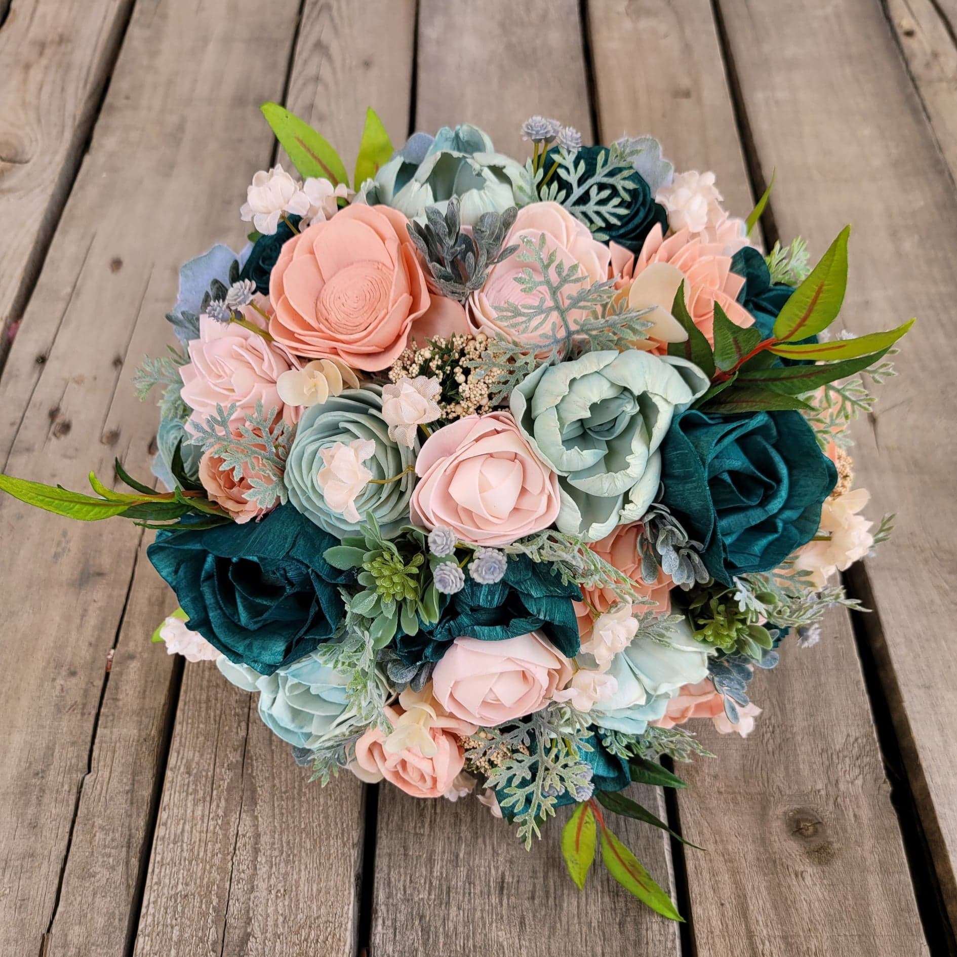 Wood Flower Bouquet, Dark Teal Bridal Bouquet, Wooden Flower Bouquet, Peach & Teal Wedding Bouquets, Wood Wedding Flowers