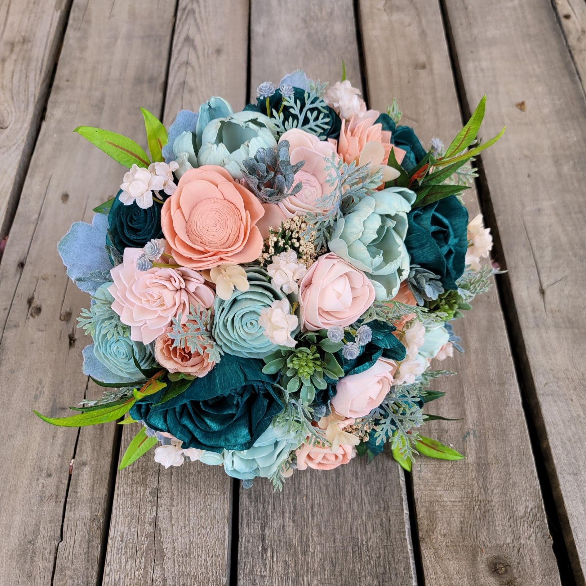 Wood Flower Bouquet, Dark Teal Bridal Bouquet, Wooden Flower Bouquet, Peach & Teal Wedding Bouquets, Wood Wedding Flowers