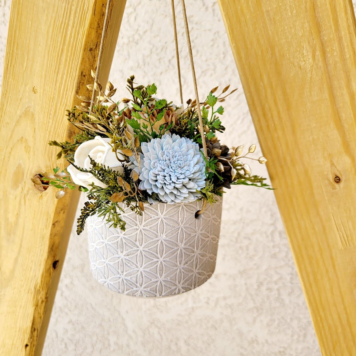 Wood Flower Hanging Planter, Wooden Flowers Housewarming Gift, Cement Planter with Fake Flowers, Wood Flowers Succulent planter