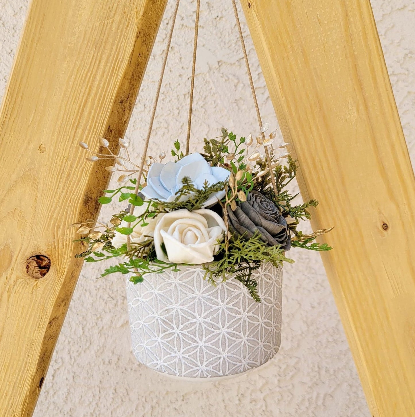 Wood Flower Hanging Planter, Wooden Flowers Housewarming Gift, Cement Planter with Fake Flowers, Wood Flowers Succulent planter