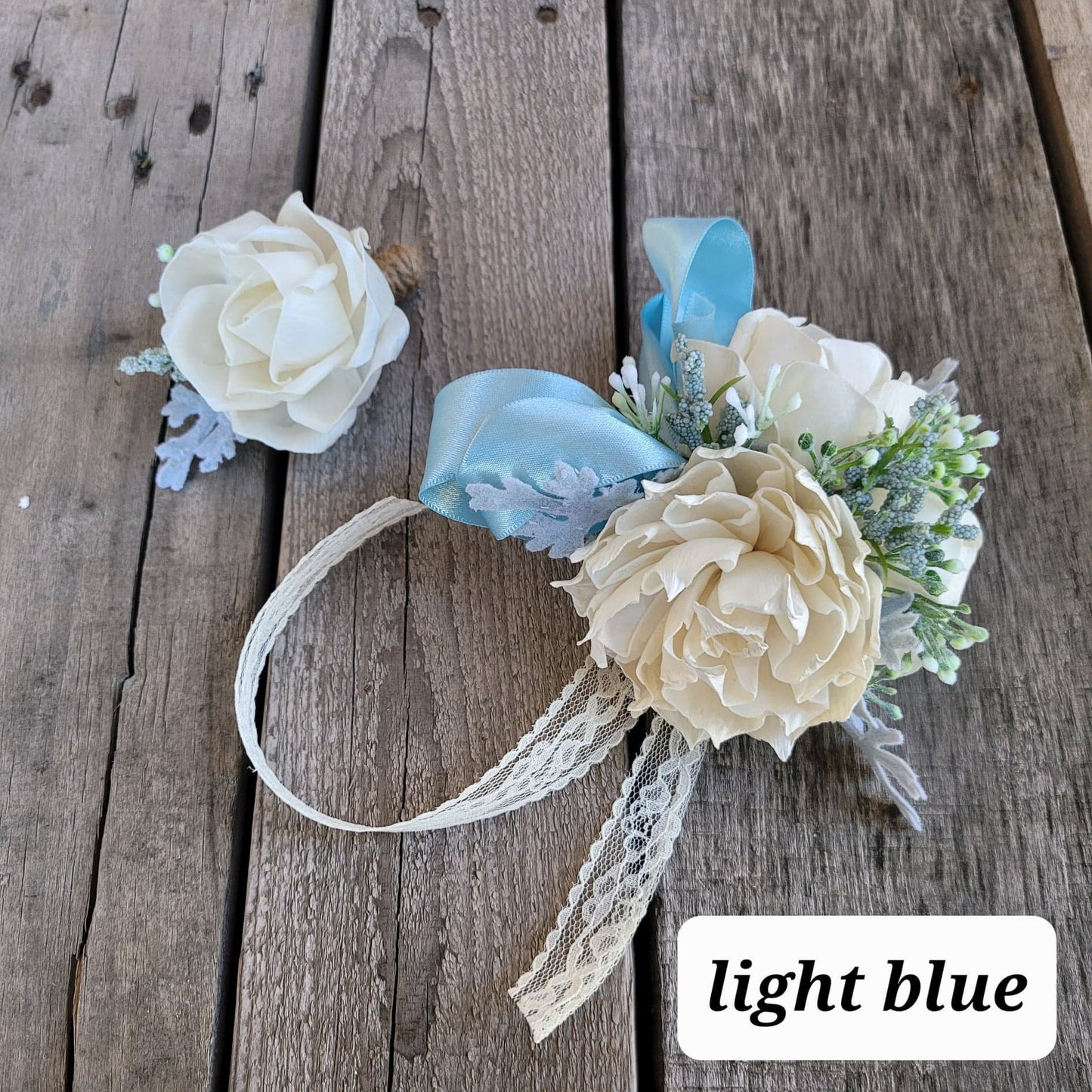Corsage and Boutonniere Set with Wood Flowers, Wedding Flowers, Bridal Wrist Corsage, Wooden Corsage Set