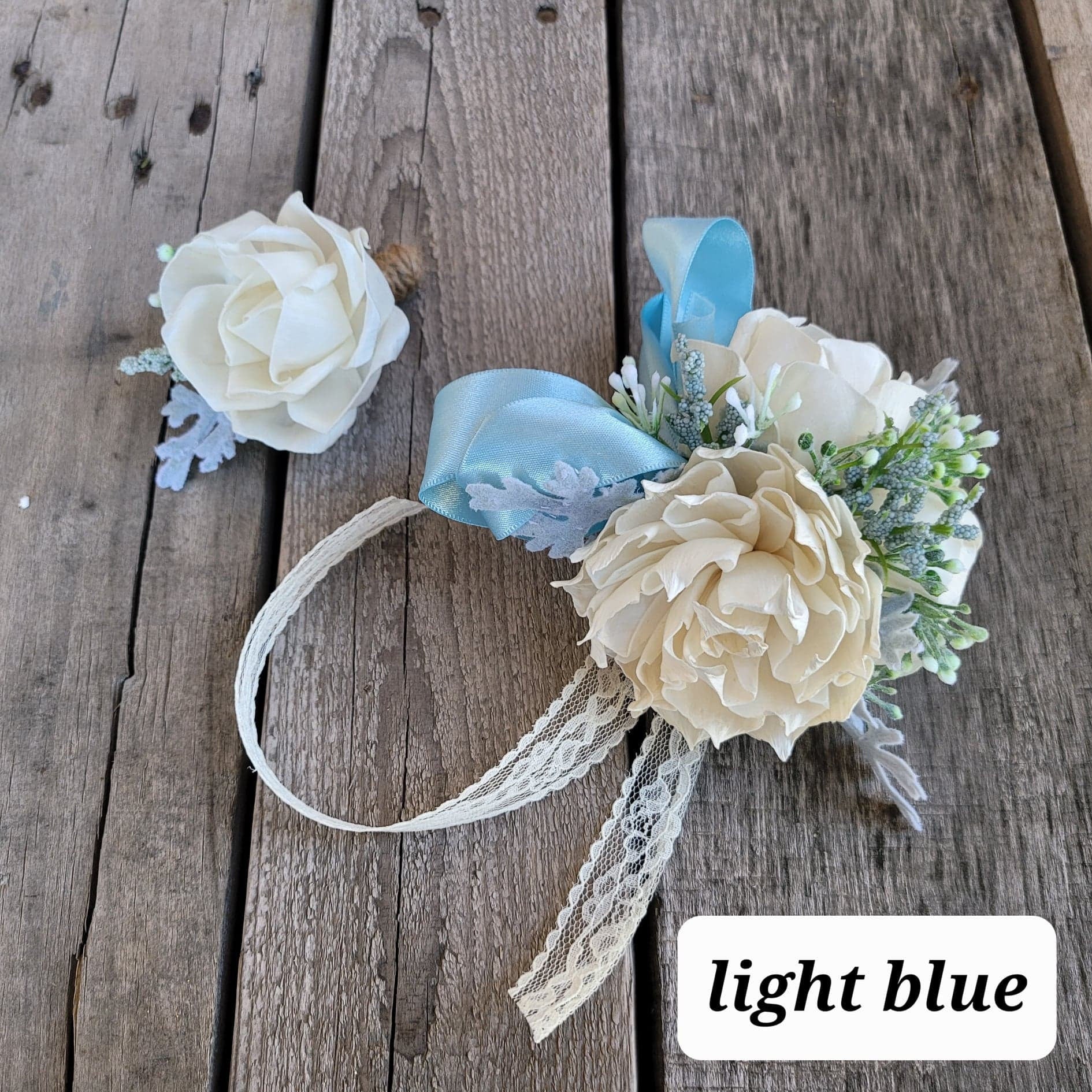 Corsage and Boutonniere Set with Wood Flowers, Wedding Flowers, Bridal Wrist Corsage, Wooden Corsage Set