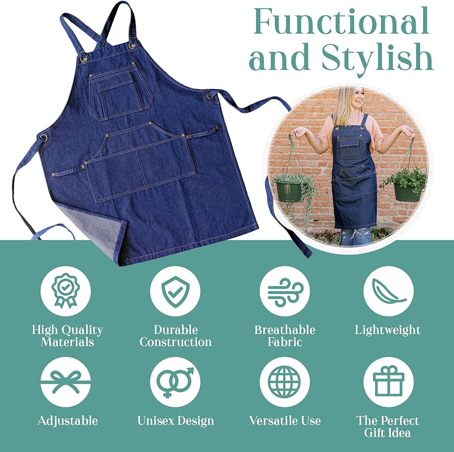 One Size Denim Apron for Men & Women, Hairstylist Apron, Apron for Crafting, Woodworking Apron with pockets, Gardening Apron, Painting Smock