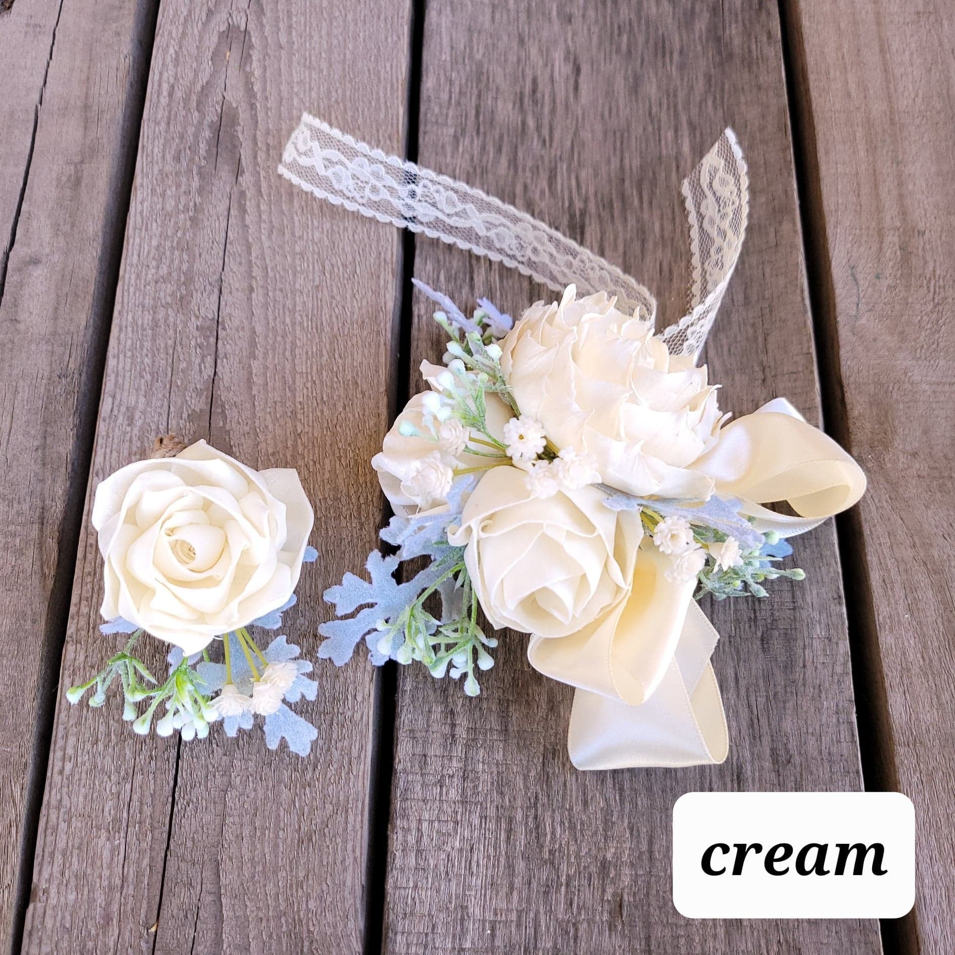 Corsage and Boutonniere Set with Wood Flowers, Wedding Flowers, Bridal Wrist Corsage, Wooden Corsage Set