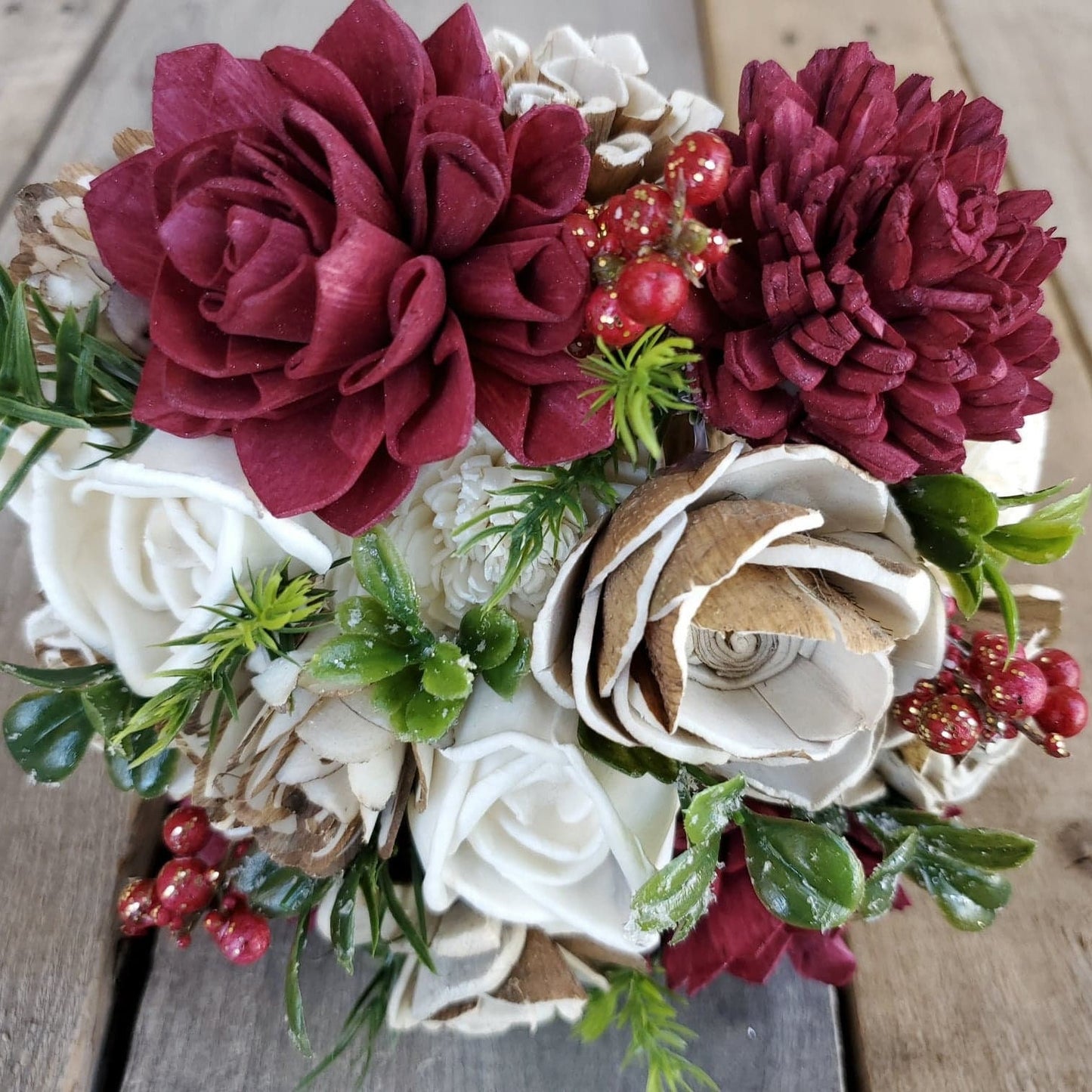 Wood Flower Bouquet, Winter Bouquet, Burgundy Bridal Bouquet, Christmas Wedding Bouquet, Bridesmaid Bouquet