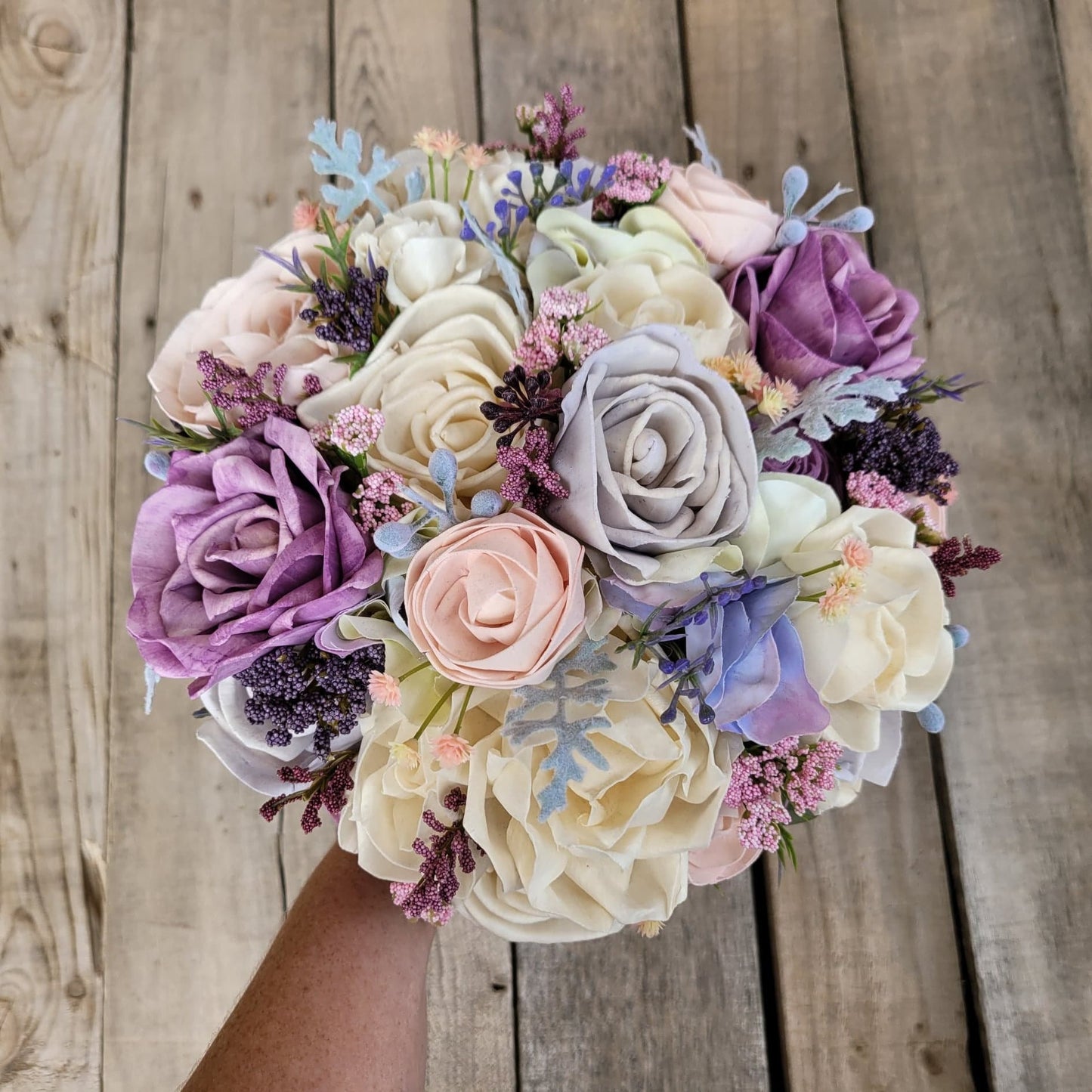 Wood Flower Bouquet, Lavender Wedding Bouquet, Blush Bridal Bouquet, Fake Wedding Flowers