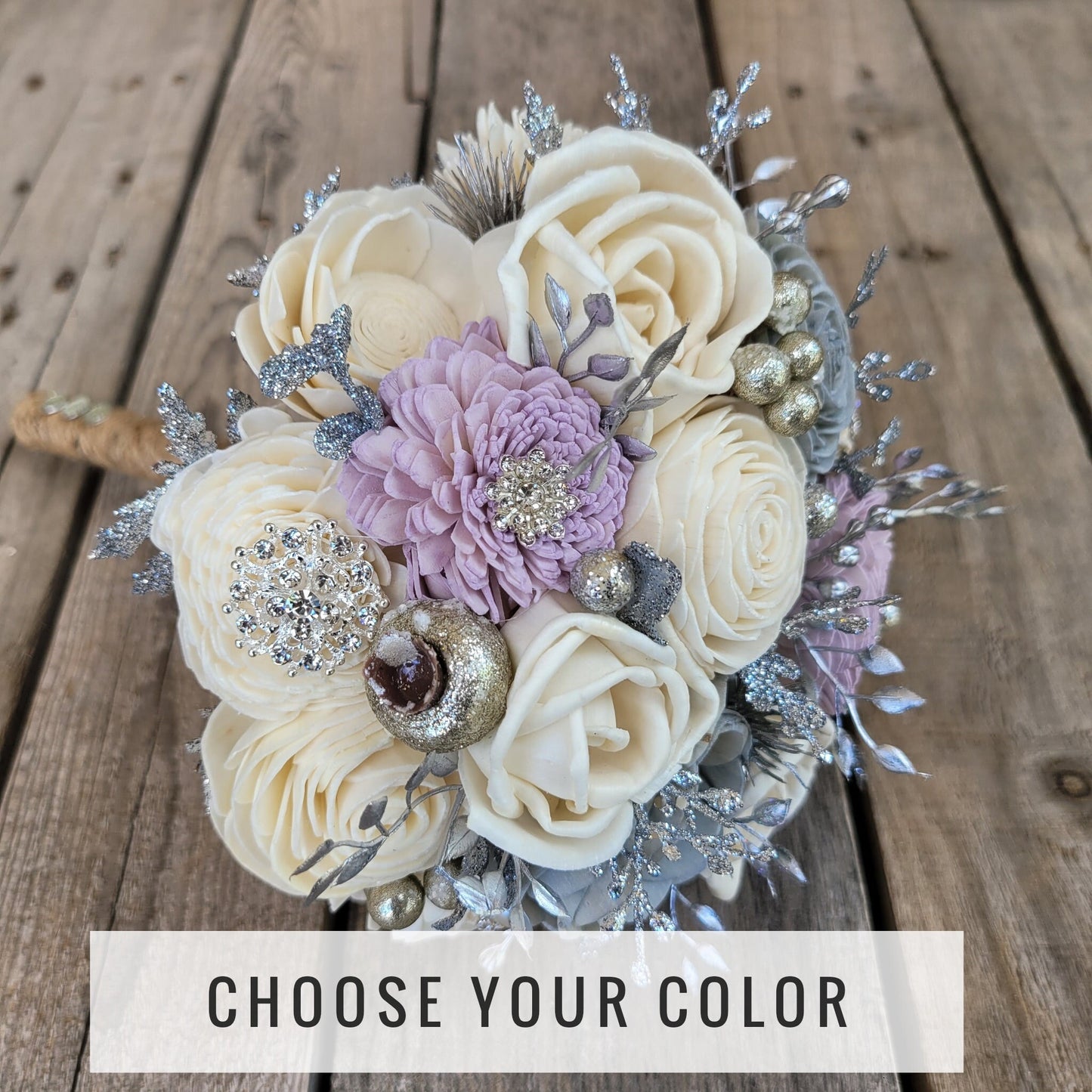 Silver Wood Flower Brooch Bouquet, Bling Wedding Bouquet, Bridal Brooch Bouquet, Wooden Bridal Bouquet