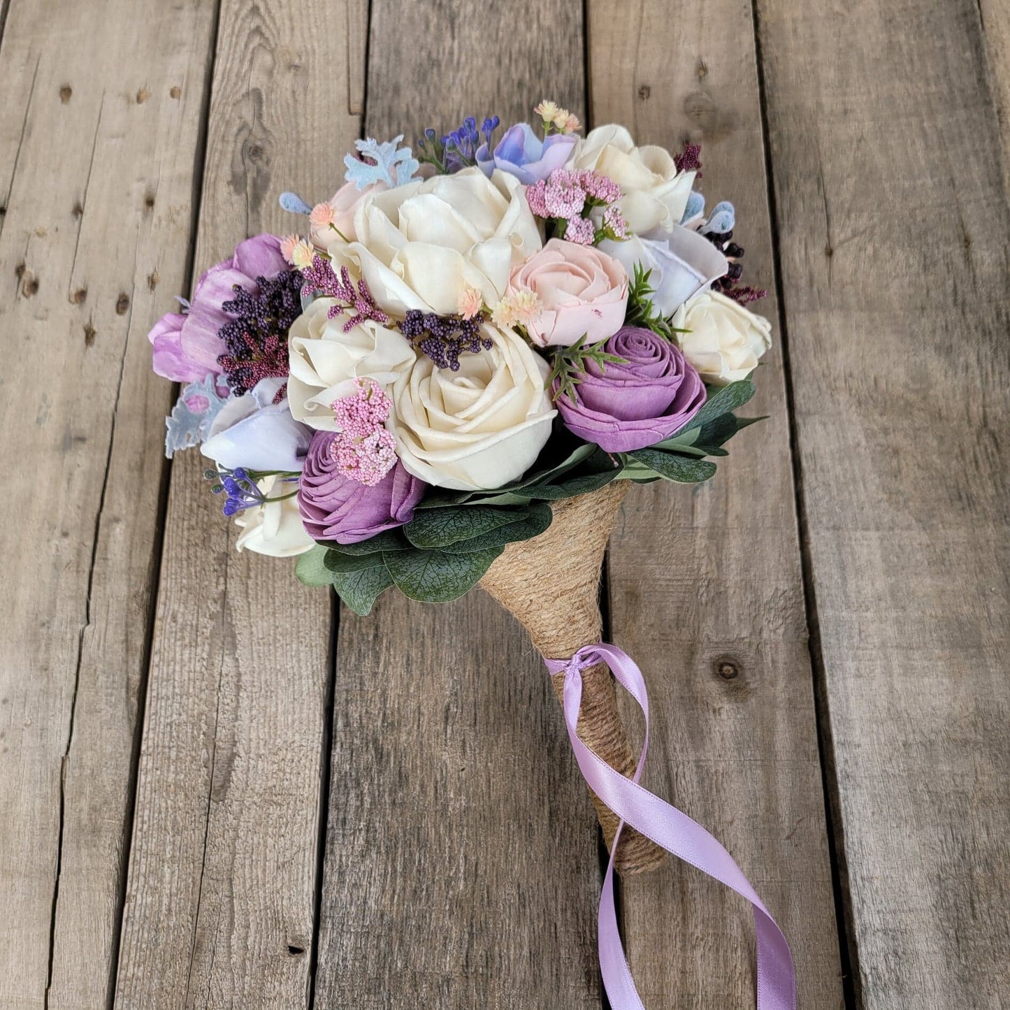 Wood Flower Bouquet, Lavender Wedding Bouquet, Blush Bridal Bouquet, Fake Wedding Flowers