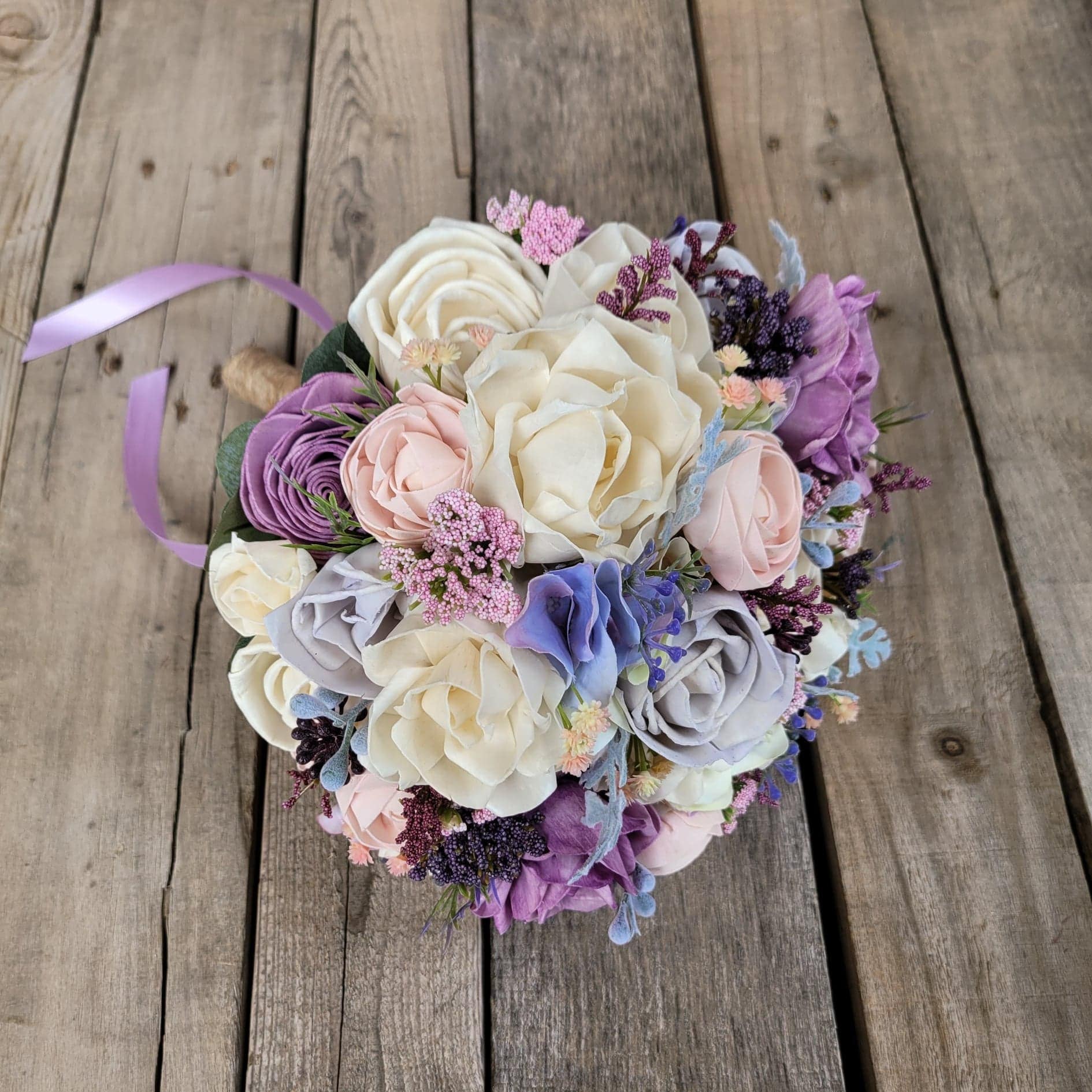 Wood Flower Bouquet, Lavender Wedding Bouquet, Blush Bridal Bouquet, Fake Wedding Flowers