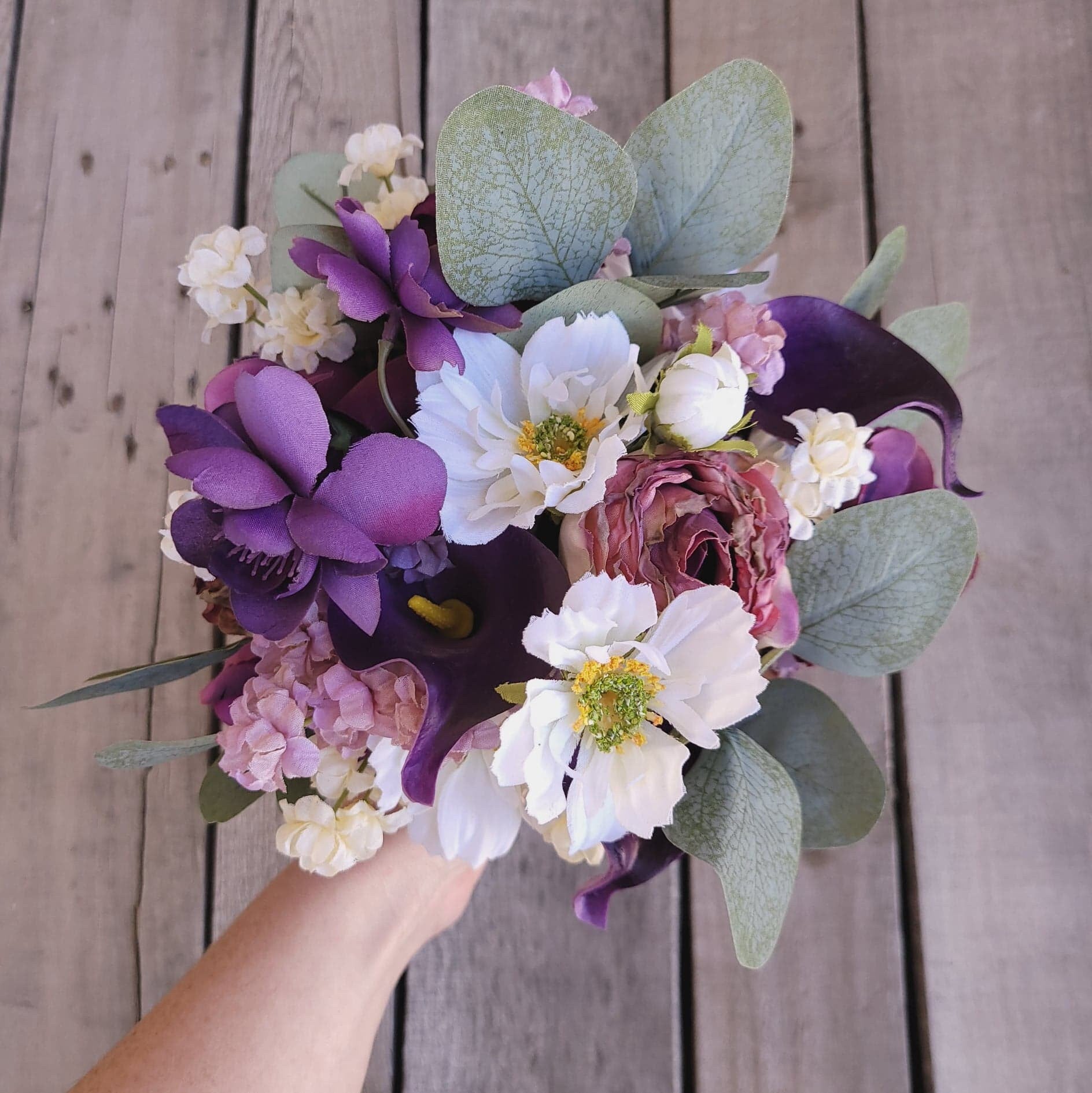 Elopement Bridal Bouquet Set, Silk Flower Bouquet and Boutonniere, Purple Wedding Flowers, Plum Wedding Bouquet