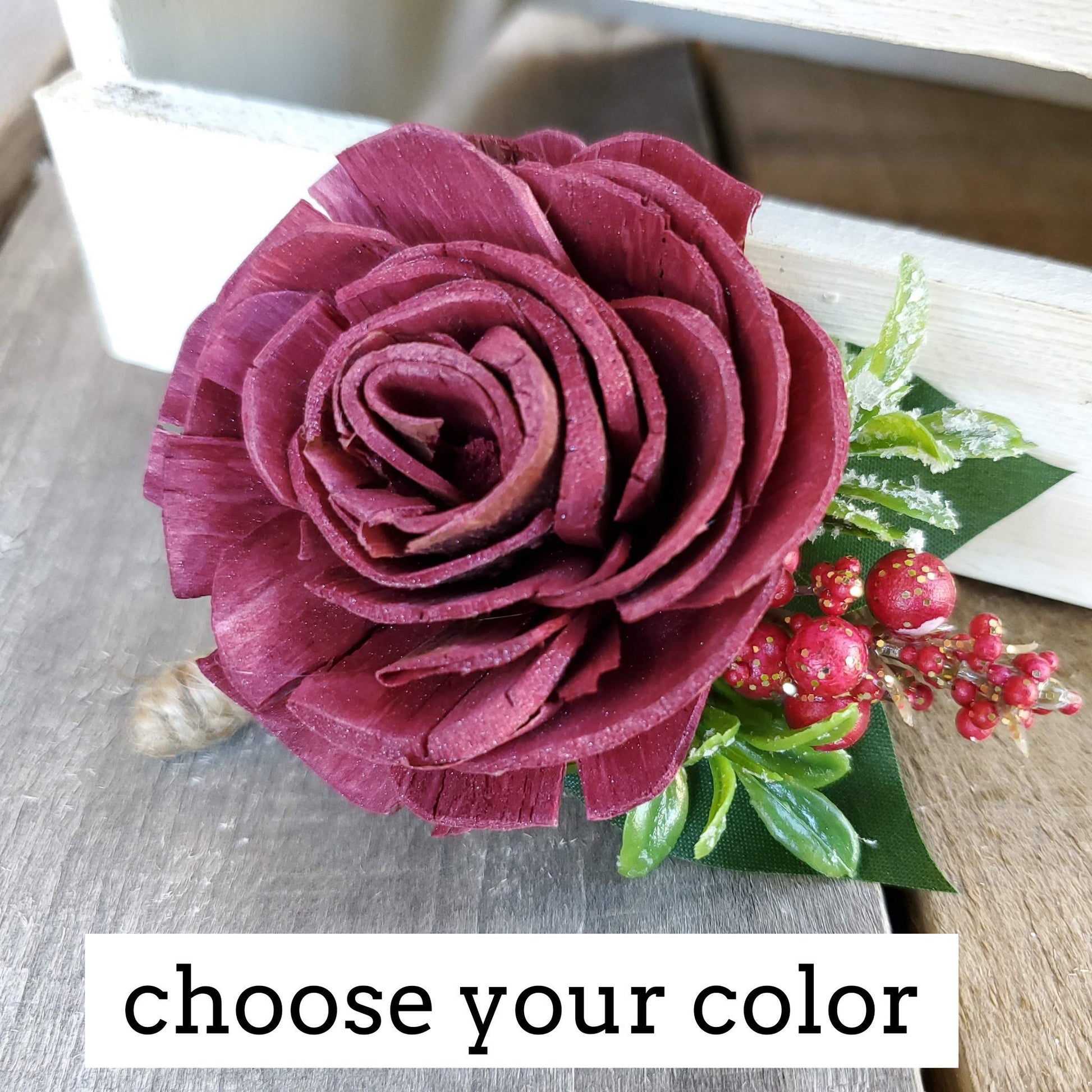 Christmas Wood Flower Boutonniere, Holiday Wedding Flowers, Christmas Wedding Boutonniere, Groom Flower, Lapel Pin, Groomsmen Pinned Flower