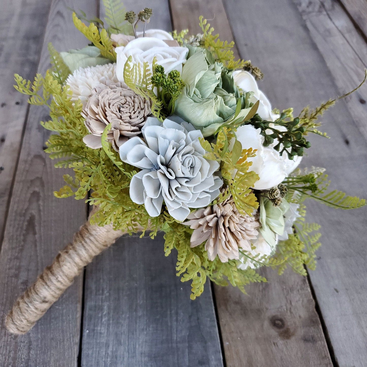 Sage Green Wood Flower Bouquet, Sage and Taupe Bridal Bouquet, Wooden Wedding Flowers, Fall Wedding Bouquet, Bride and Bridesmaid Flowers