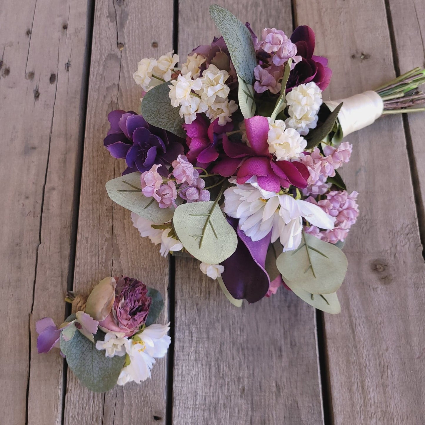 Elopement Bridal Bouquet Set, Silk Flower Bouquet and Boutonniere, Purple Wedding Flowers, Plum Wedding Bouquet