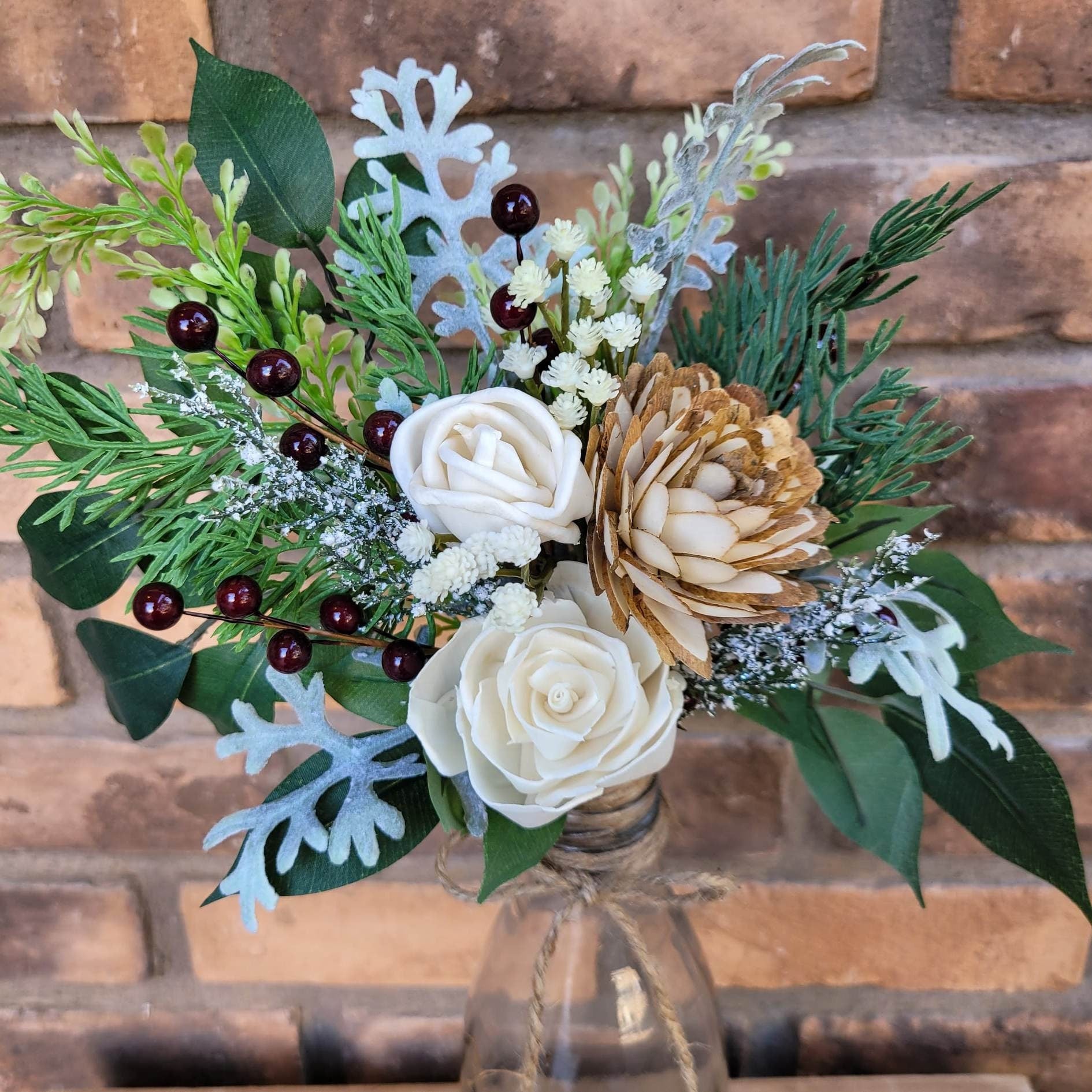 Christmas Wood Flower Arrangement, Christmas Table Centerpiece, Wood Flowers in Vase, Holiday Hostess Gift, Winter Florals