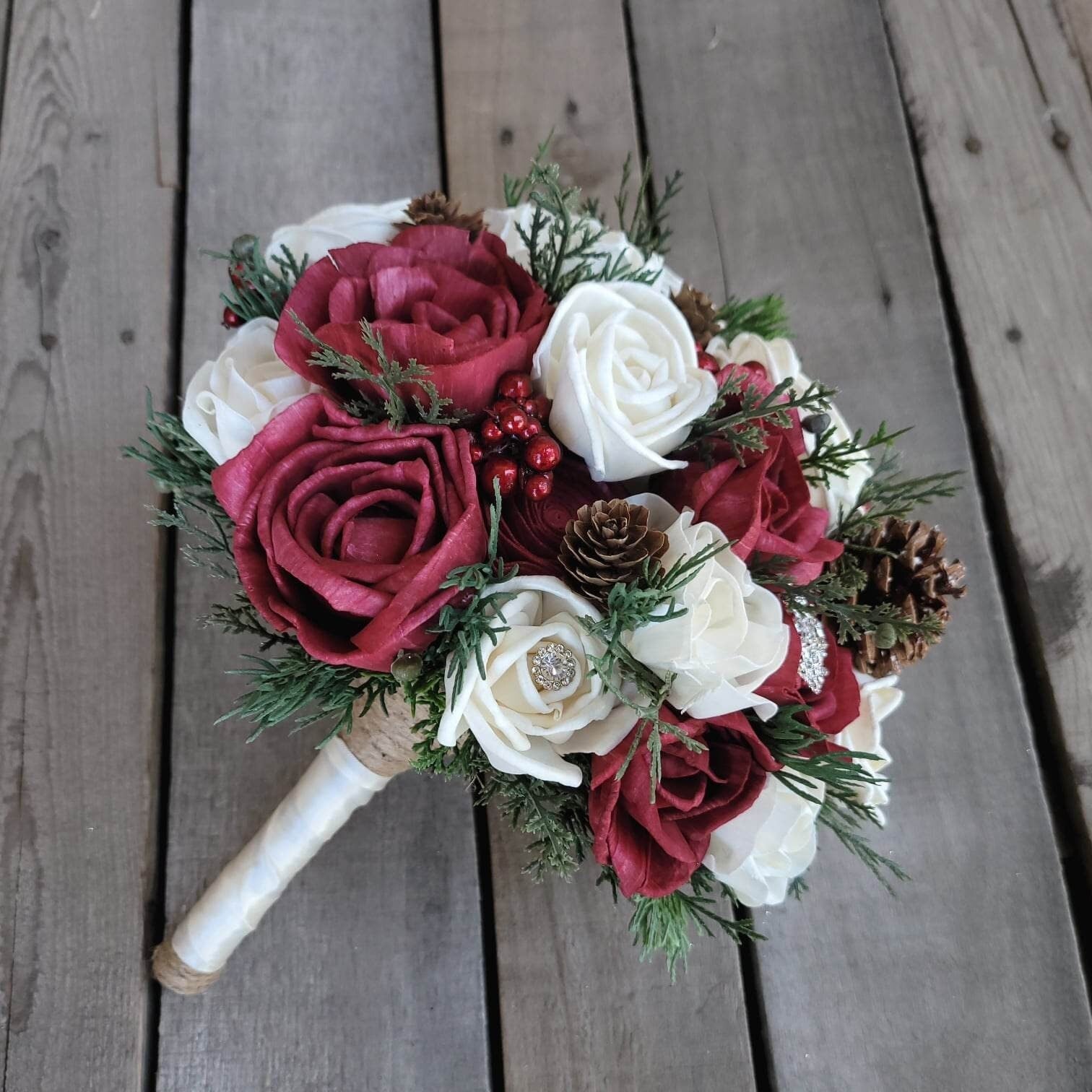 Wood Flower Bouquet, Christmas Wedding Bouquet, Winter Bridal Bouquet, Wooden Flowers Bouquet, Burgundy Rose Bouquet