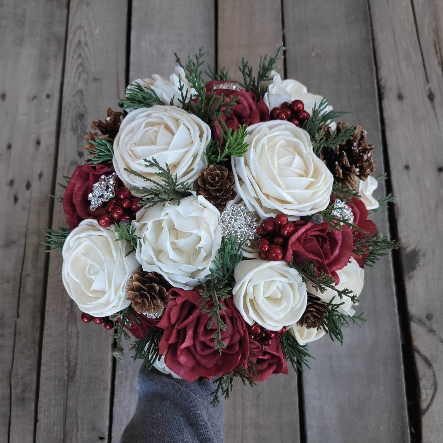 Wood Flower Bouquet, Christmas Wedding Bouquet, Winter Bridal Bouquet, Wooden Flowers Bouquet, Burgundy Rose Bouquet