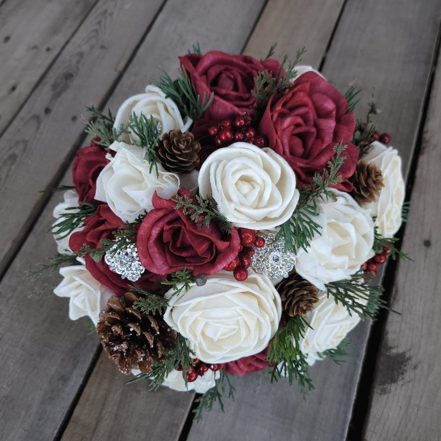 Wood Flower Bouquet, Christmas Wedding Bouquet, Winter Bridal Bouquet, Wooden Flowers Bouquet, Burgundy Rose Bouquet