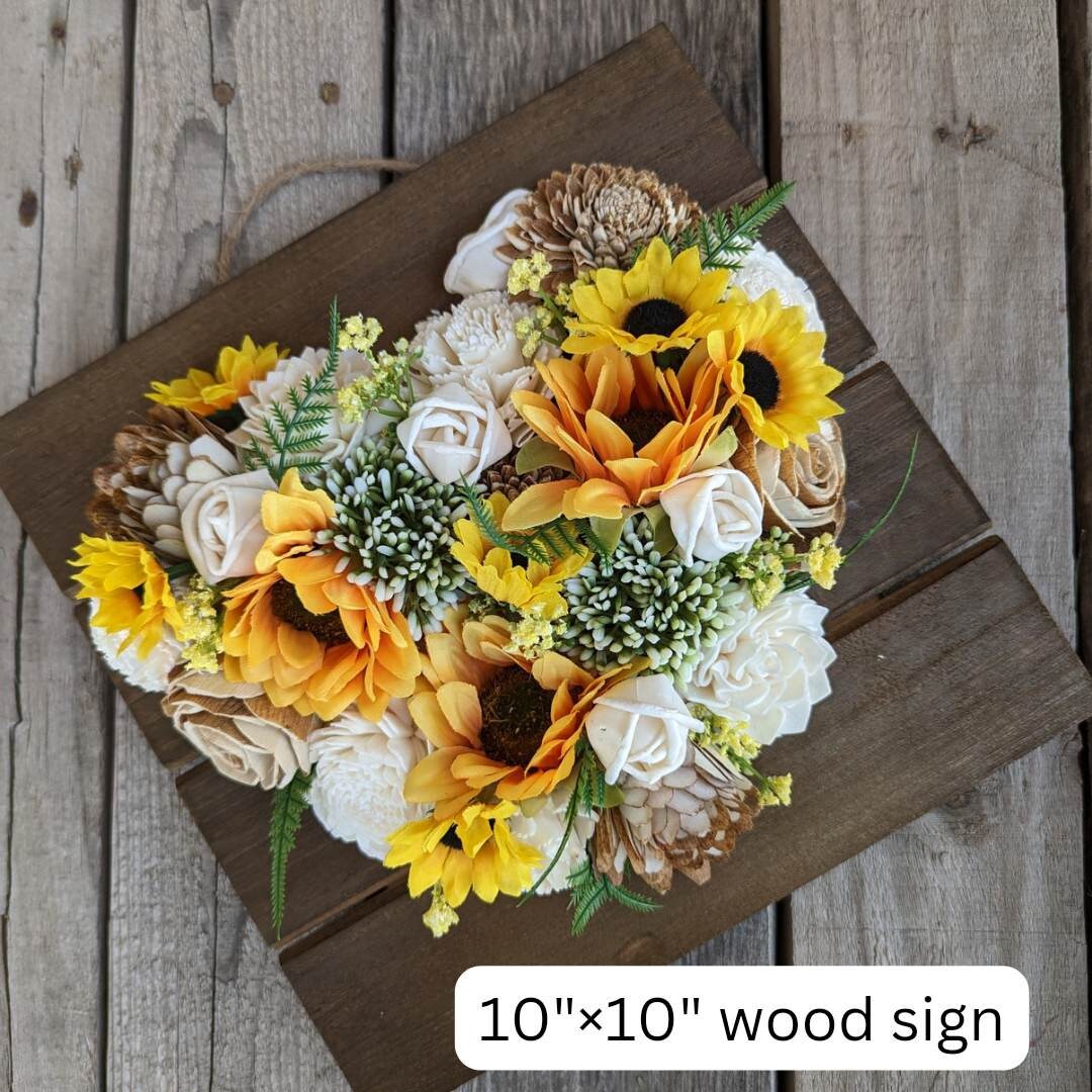 Wood Flower Heart Sign, Wooden Flower Art, Heart with Wood Flowers, Sunflower Home Decor, Thinking of You Floral Arrangement, Mother's Day