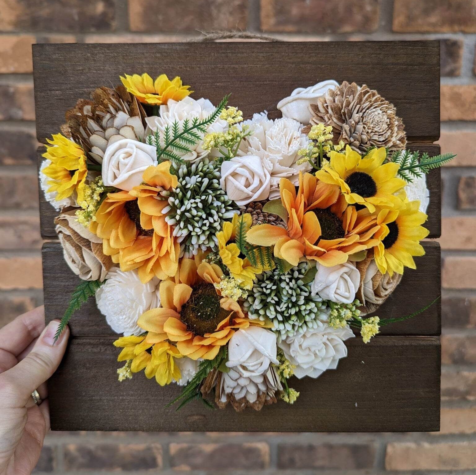 Wood Flower Heart Sign, Wooden Flower Art, Heart with Wood Flowers, Sunflower Home Decor, Thinking of You Floral Arrangement, Mother's Day