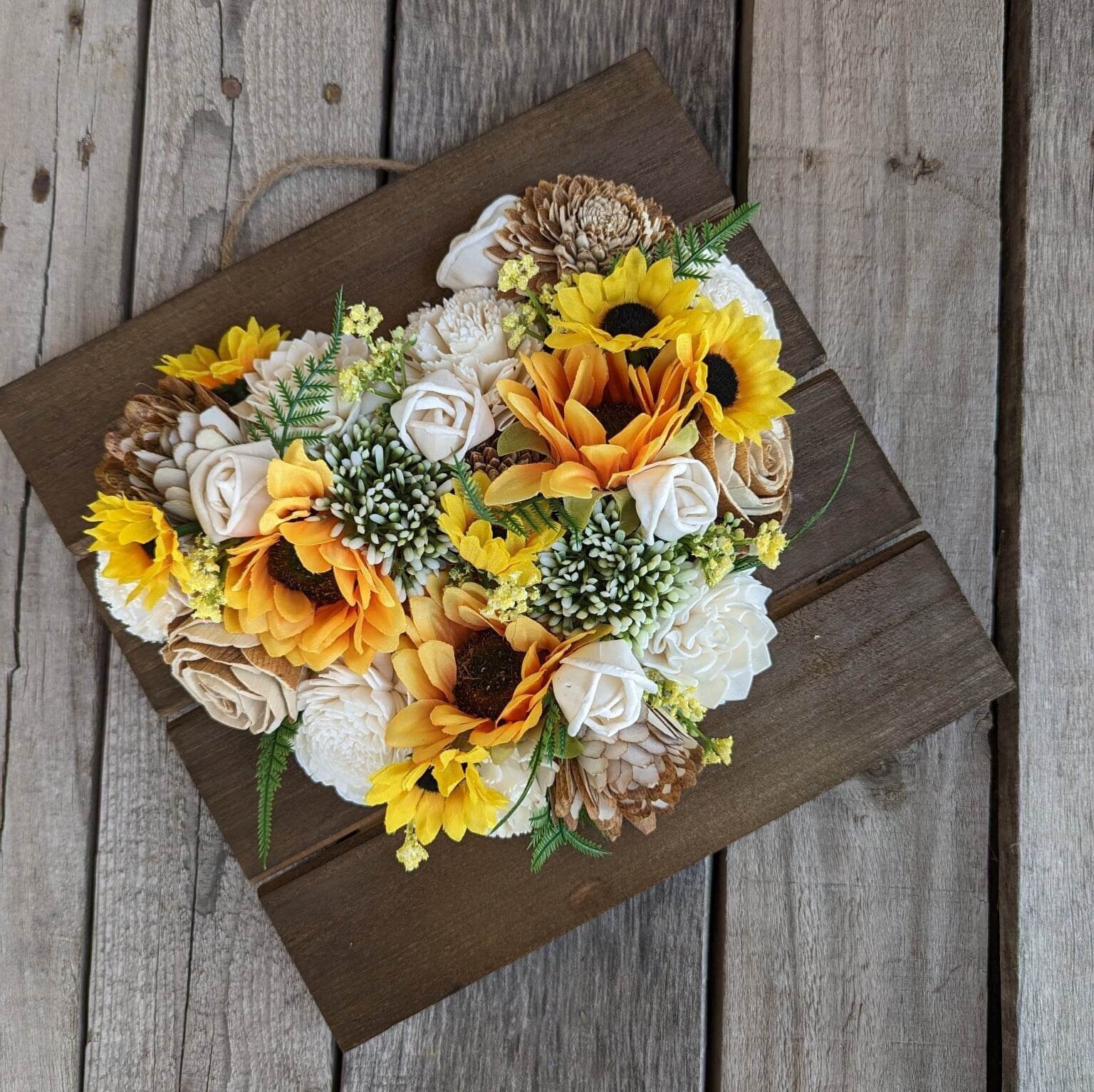 Wood Flower Heart Sign, Wooden Flower Art, Heart with Wood Flowers, Sunflower Home Decor, Thinking of You Floral Arrangement, Mother's Day