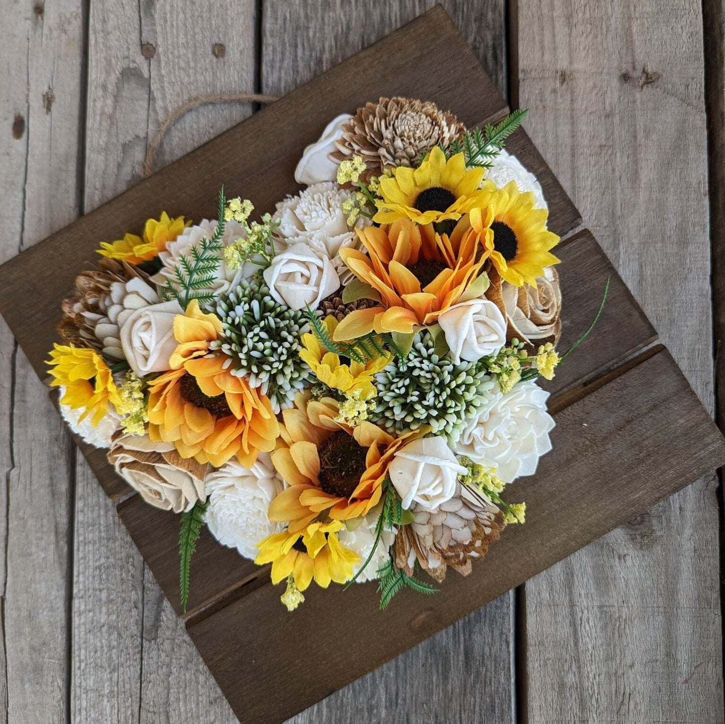 Wood Flower Heart Sign, Wooden Flower Art, Heart with Wood Flowers, Sunflower Home Decor, Thinking of You Floral Arrangement, Mother's Day
