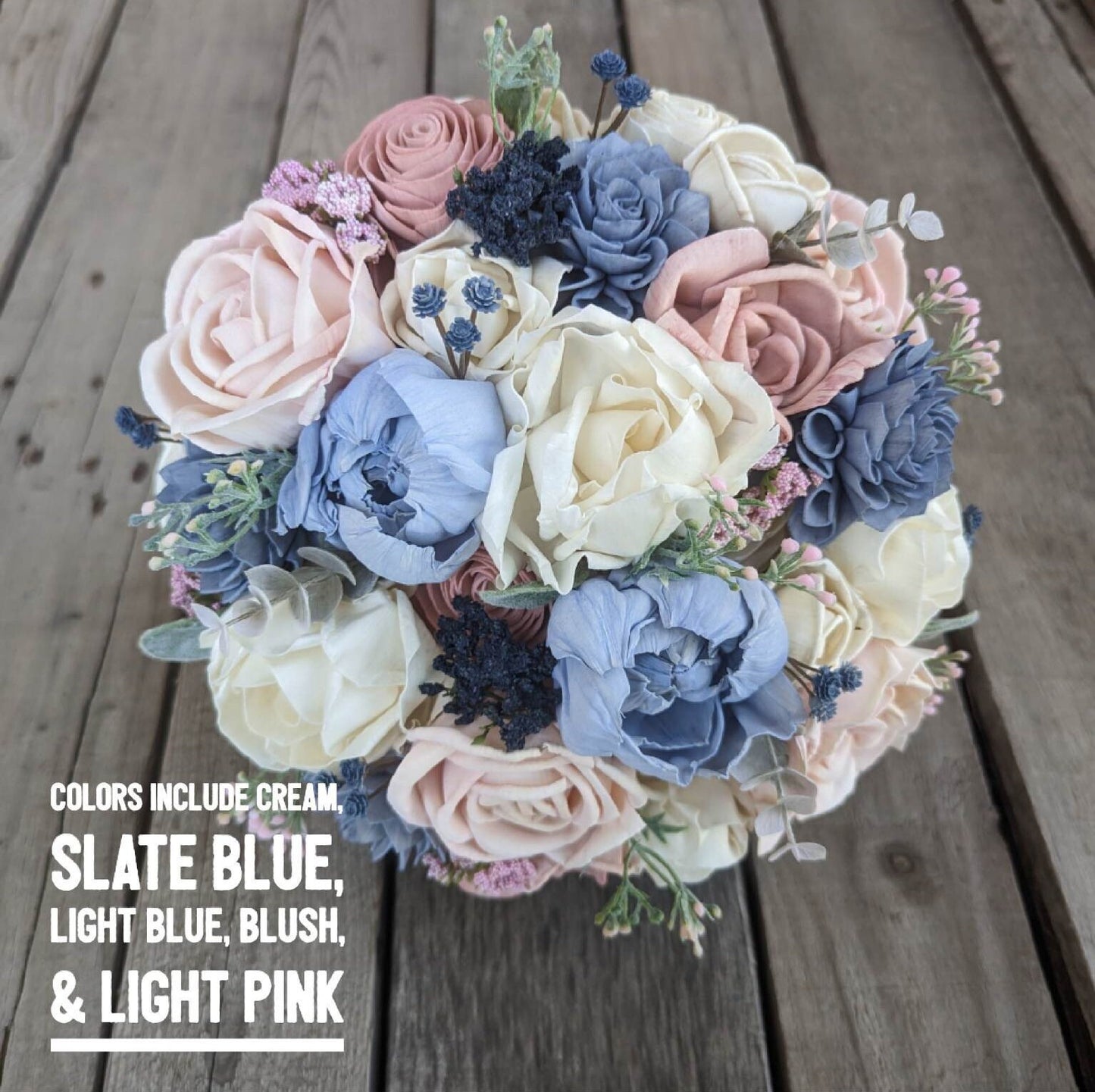 Wood Flower Bridal Bouquet with Slate Blue, Blush Pink, Light Blue, and Light Pink Wooden Flowers, Wedding Bouquet Brides and Bridesmaids