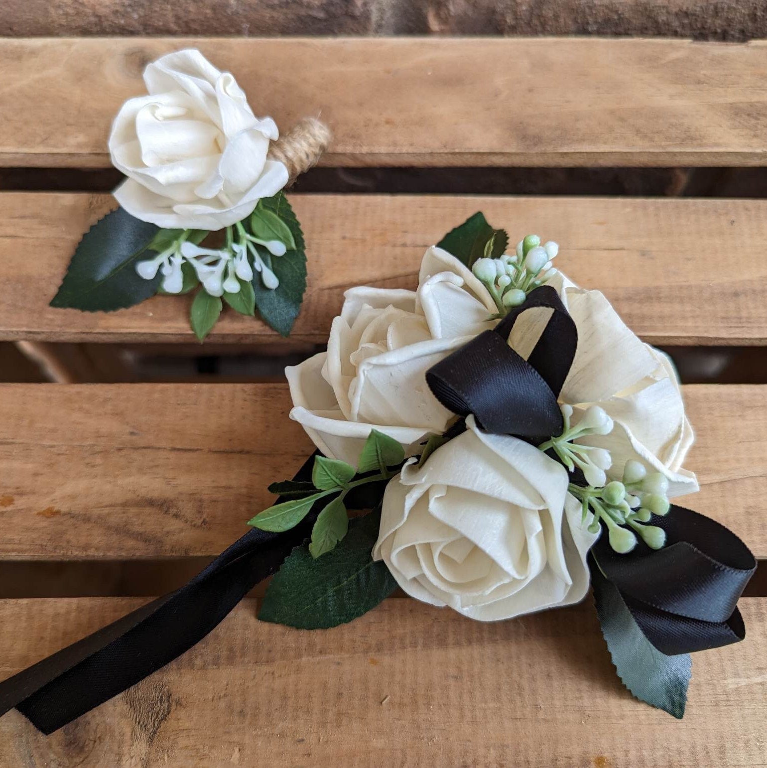 Corsage and Boutonniere Set with Wood Flowers, Prom Corsage and Boutonniere, Prom Flowers, Bridesmaid Wrist Corsage, Wedding Flowers