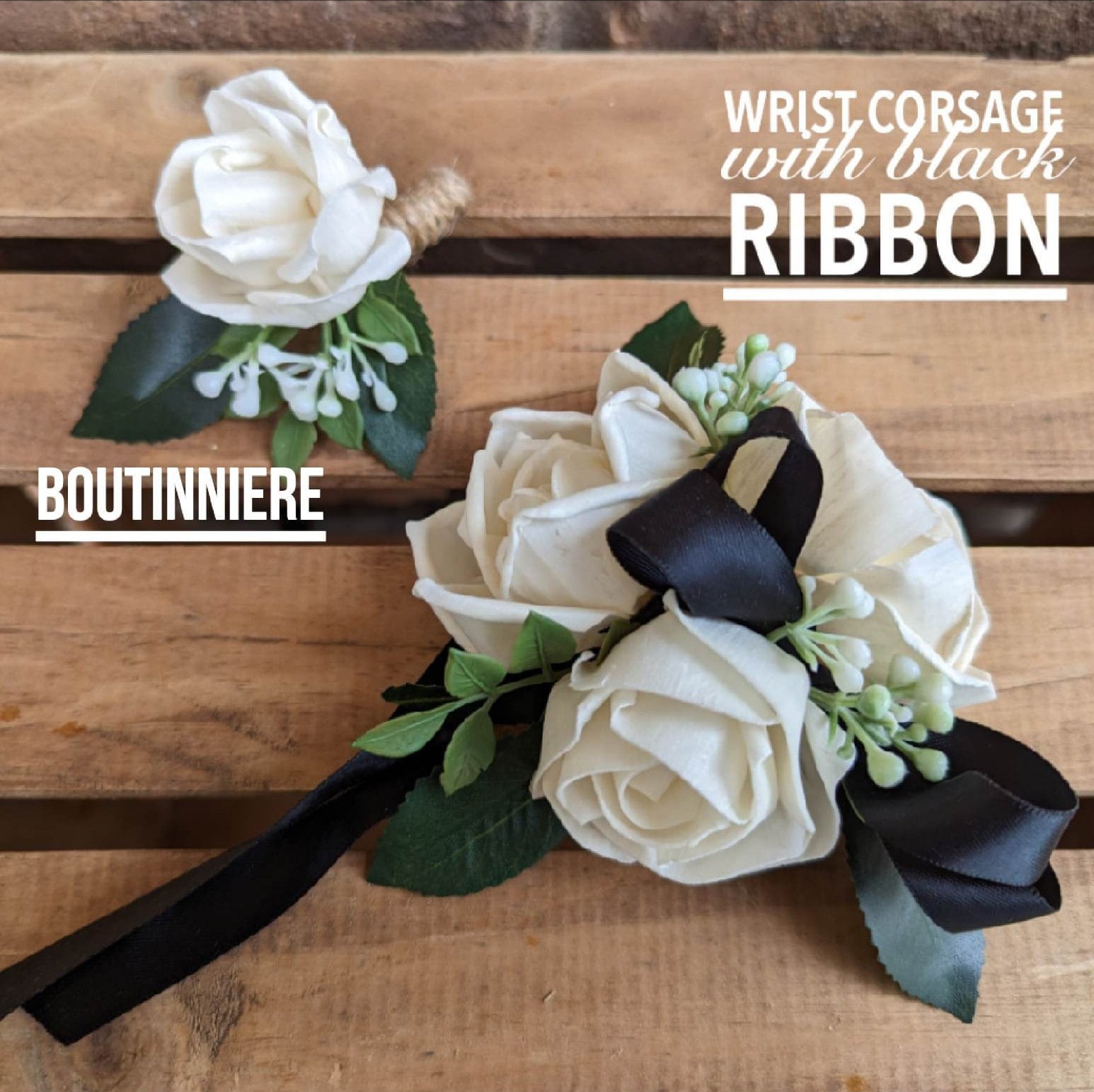 Corsage and Boutonniere Set with Wood Flowers, Prom Corsage and Boutonniere, Prom Flowers, Bridesmaid Wrist Corsage, Wedding Flowers