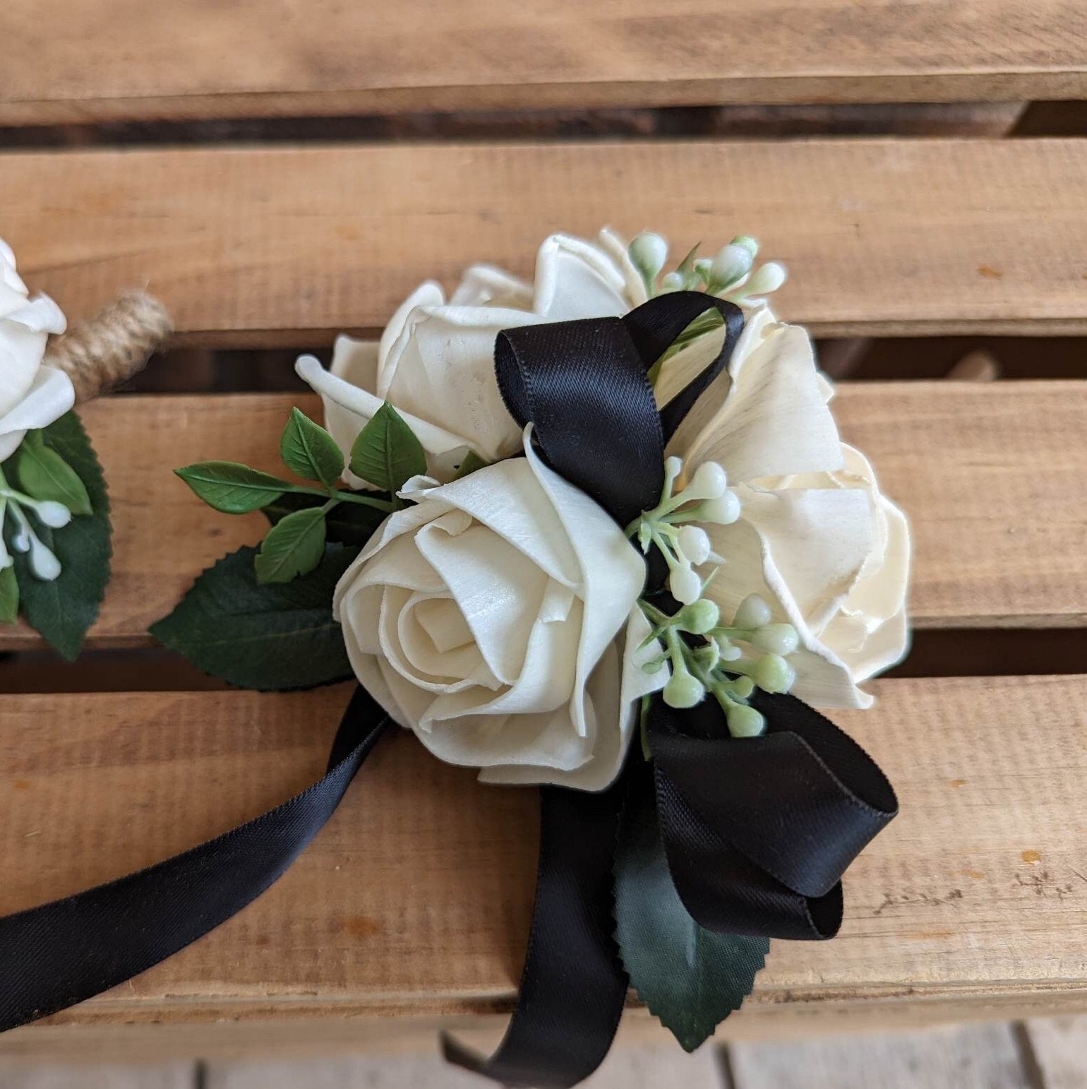 Corsage and Boutonniere Set with Wood Flowers, Prom Corsage and Boutonniere, Prom Flowers, Bridesmaid Wrist Corsage, Wedding Flowers