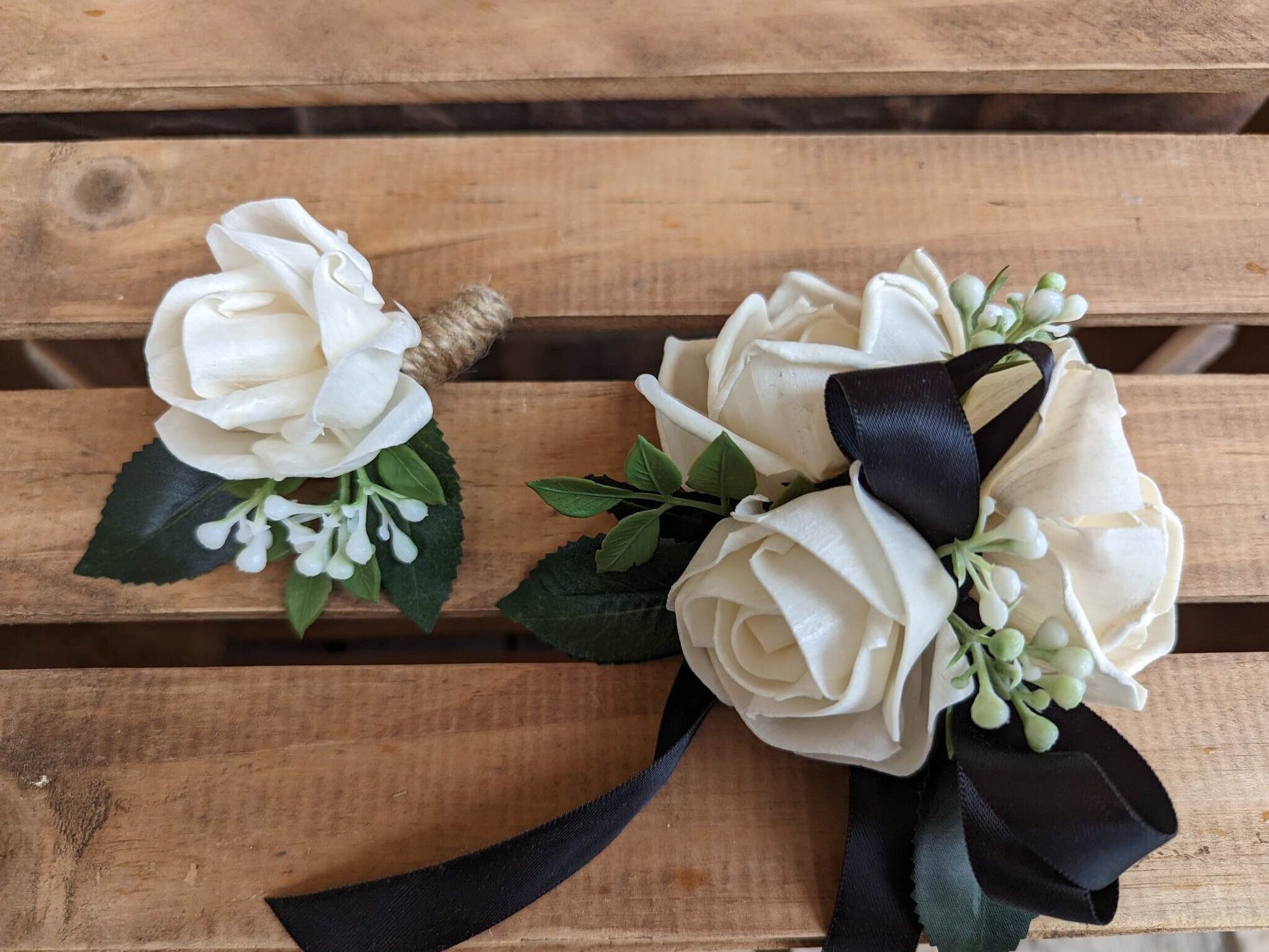 Corsage and Boutonniere Set with Wood Flowers, Prom Corsage and Boutonniere, Prom Flowers, Bridesmaid Wrist Corsage, Wedding Flowers