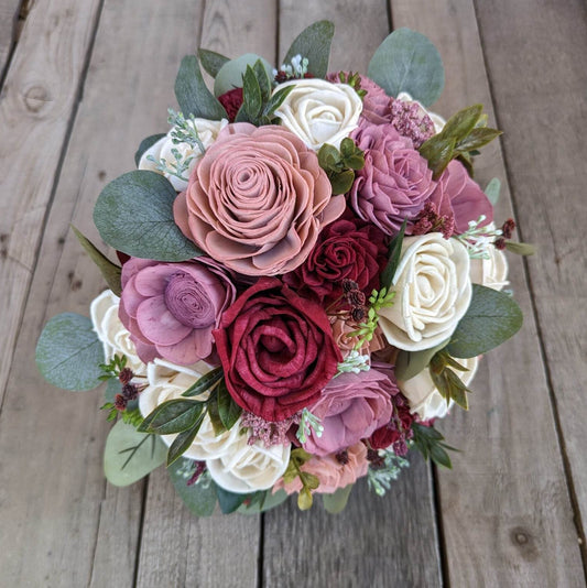 Wood Flower Bouquet with Burgundy & Dusty Rose Wooden Flowers, Burgundy Bridal Bouquet, Wood Wedding Flowers, Mauve Bride Bouquet