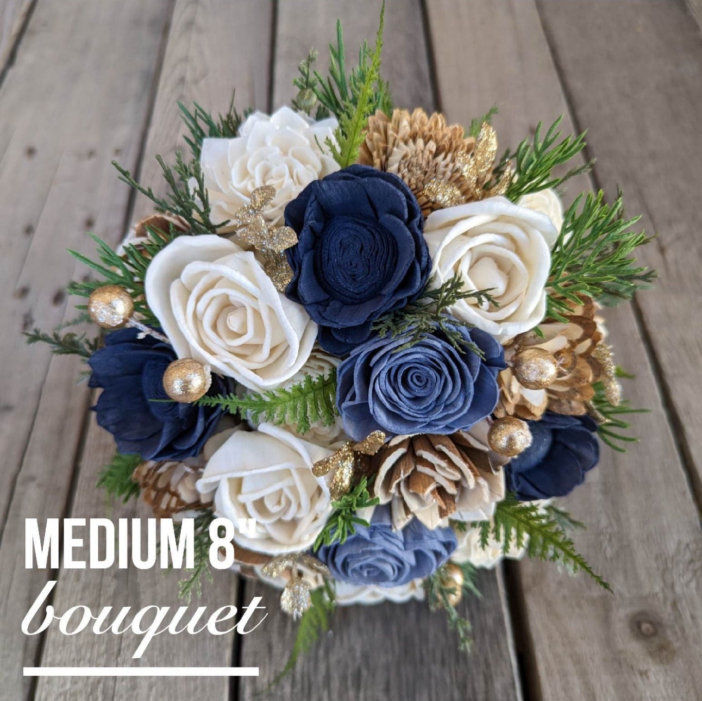 Navy Blue Wood Flower Bouquet, Navy & Gold Bridal Bouquet, Dusty Blue Wedding Flowers, Wooden Bride Bouquet, Navy and Slate Blue Bouquet
