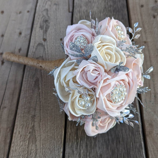 Wood Flower Bridal Bouquet, Silver Brooch Quinceanera Bouquet, Wood Bridal Bouquet, Wooden Flowers Bouquet, Rose Quince Bouquet