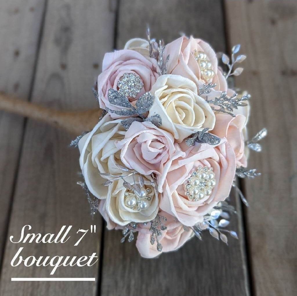 Wood Flower Bridal Bouquet, Silver Brooch Quinceanera Bouquet, Wood Bridal Bouquet, Wooden Flowers Bouquet, Rose Quince Bouquet