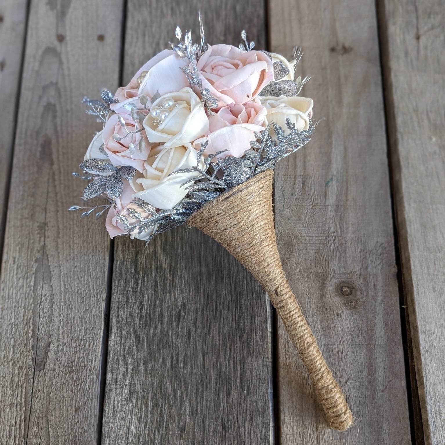 Wood Flower Bridal Bouquet, Silver Brooch Quinceanera Bouquet, Wood Bridal Bouquet, Wooden Flowers Bouquet, Rose Quince Bouquet